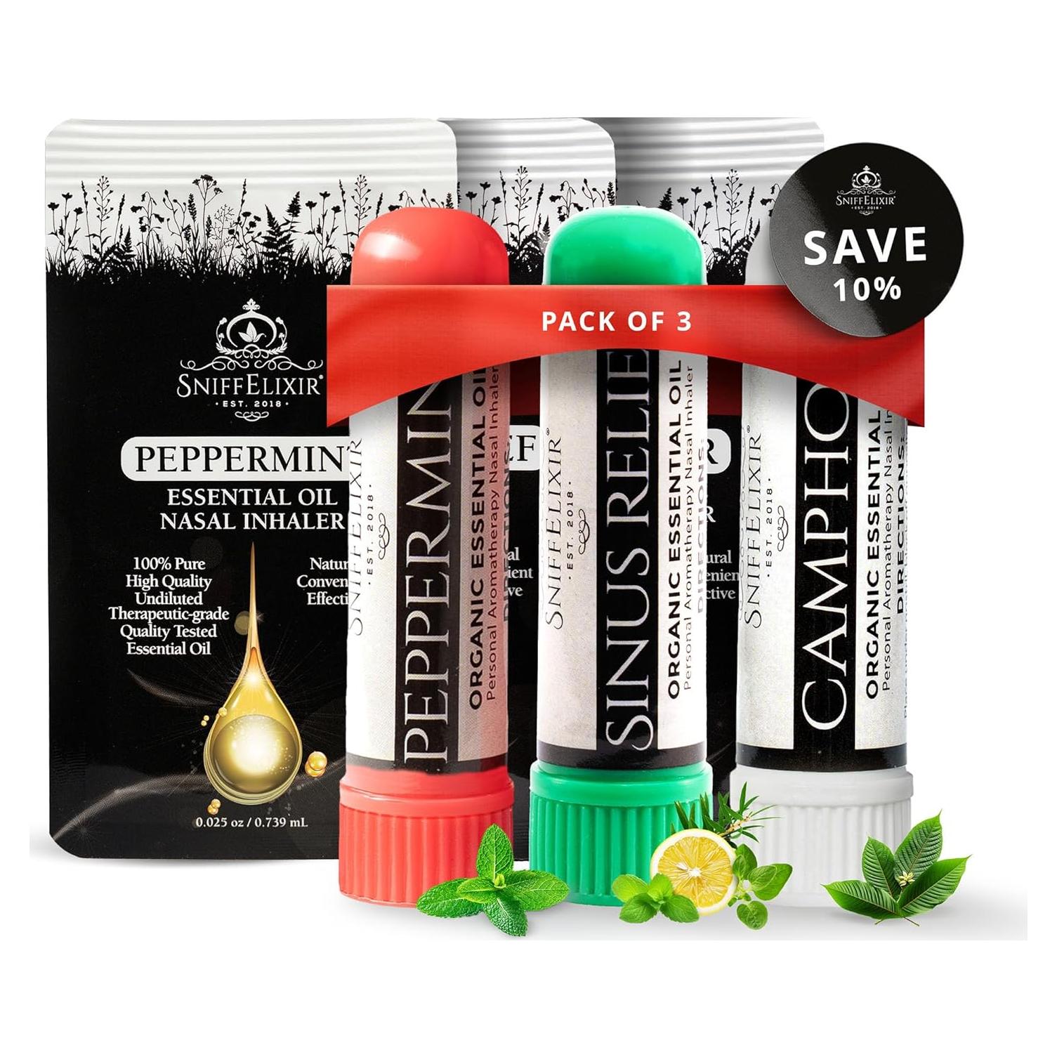 Paquete de 3 Inhaladores Nasales SniffElixir - Menta, Seno y Cápsula