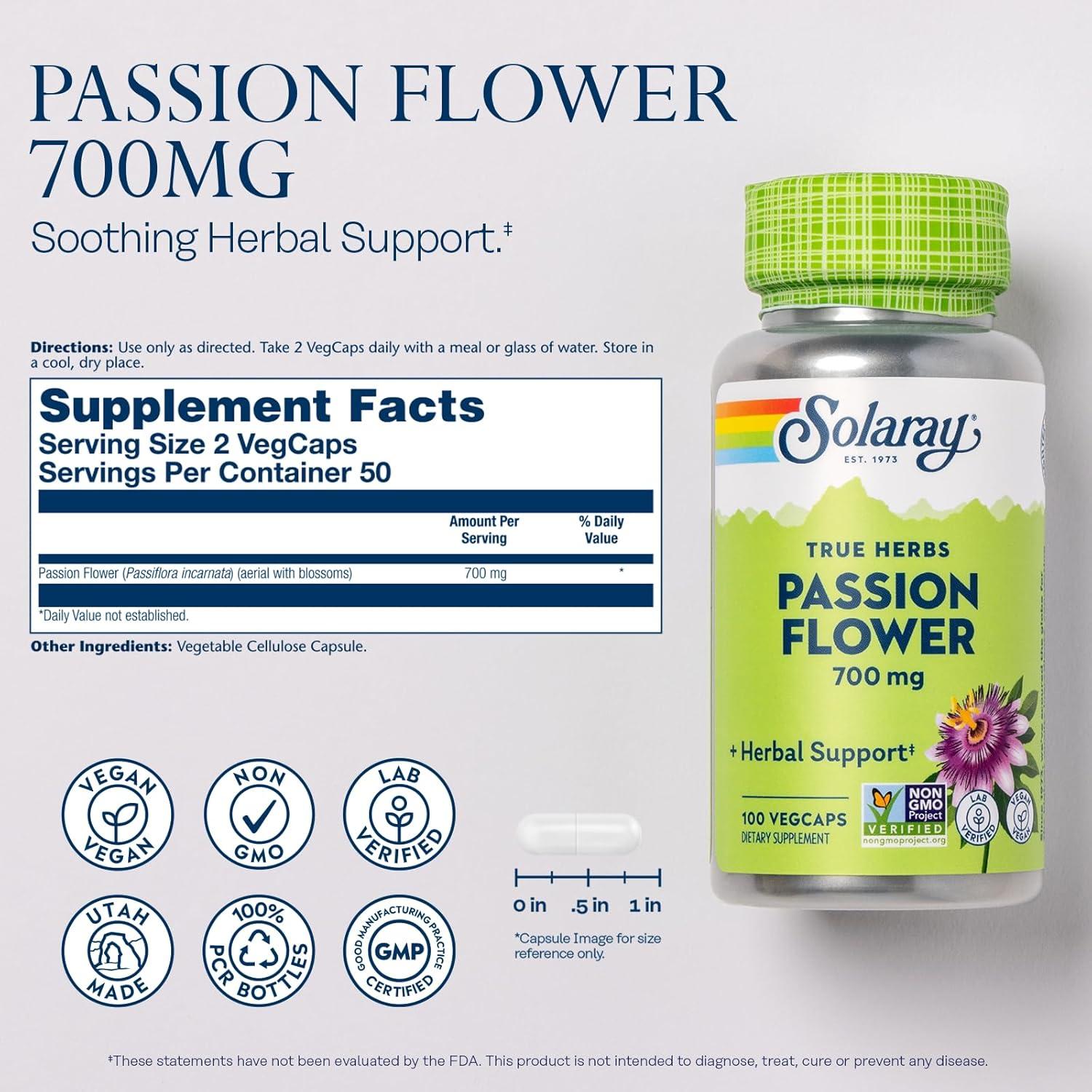 Cápsulas de Flor de Pasión Solaray 700 mg - Veganas, 100 VegCaps