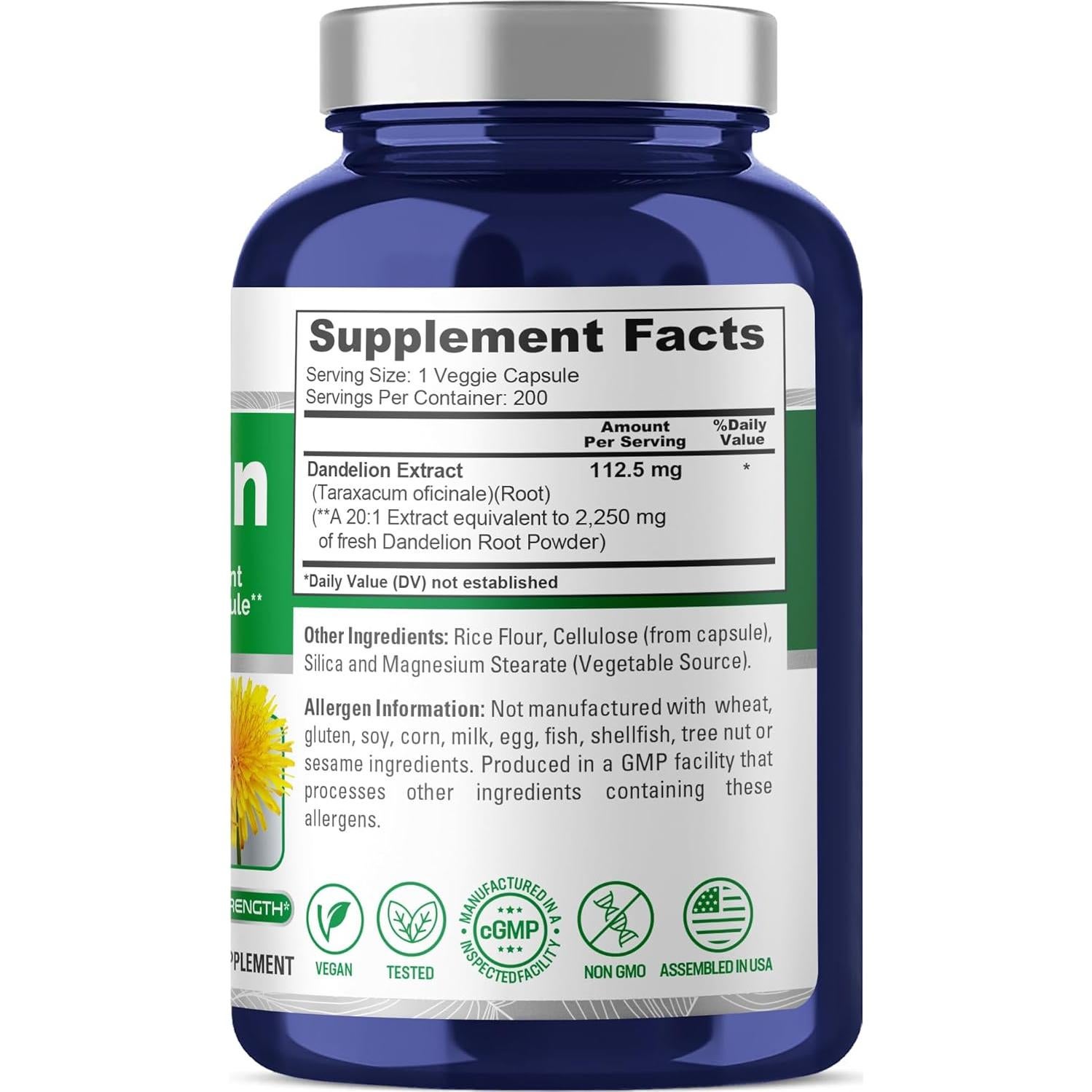 Extracto de raíz de diente de león NusaPure 20:1 200 cápsulas