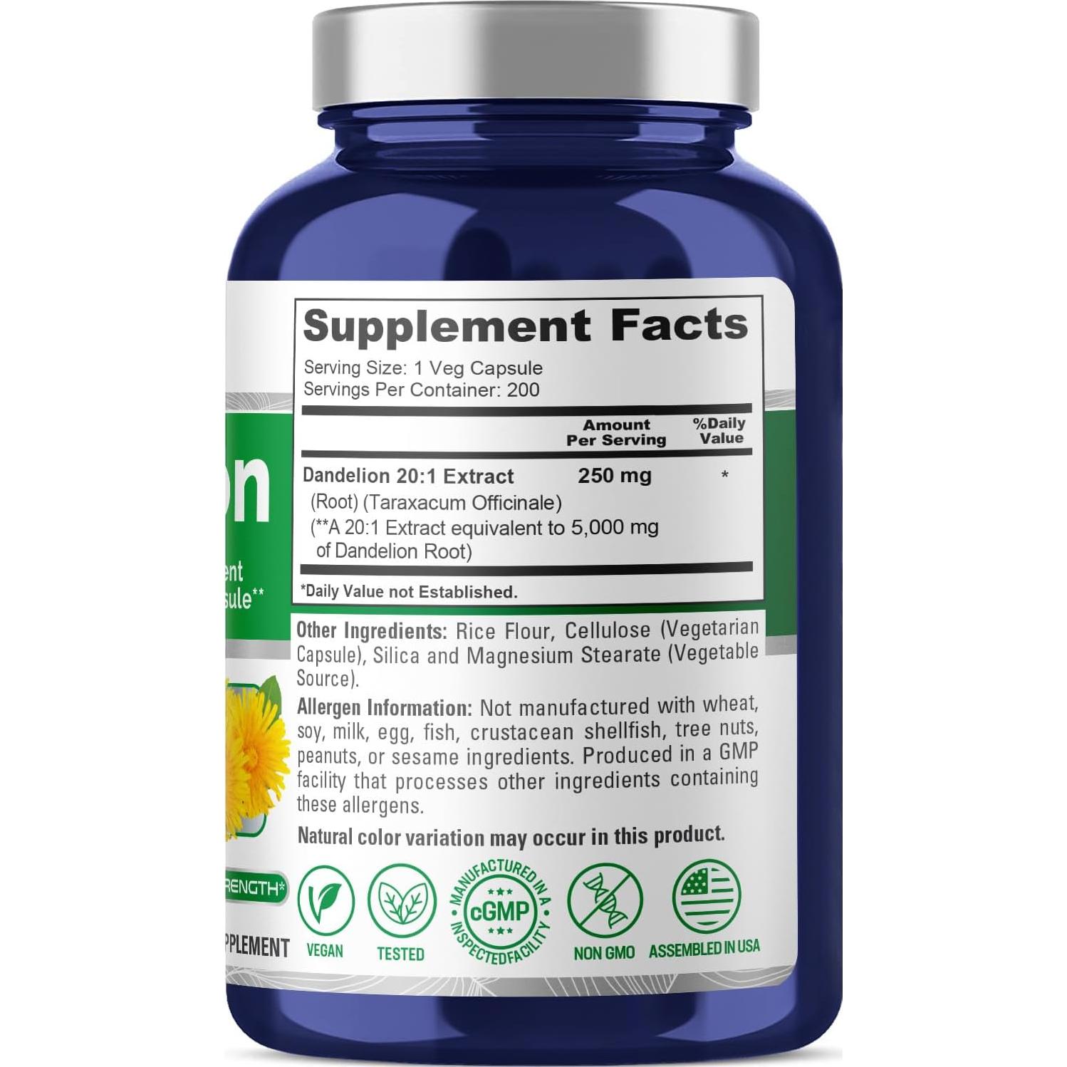 Extracto de raíz de diente de león NusaPure 20:1 250 mg 200 cápsulas