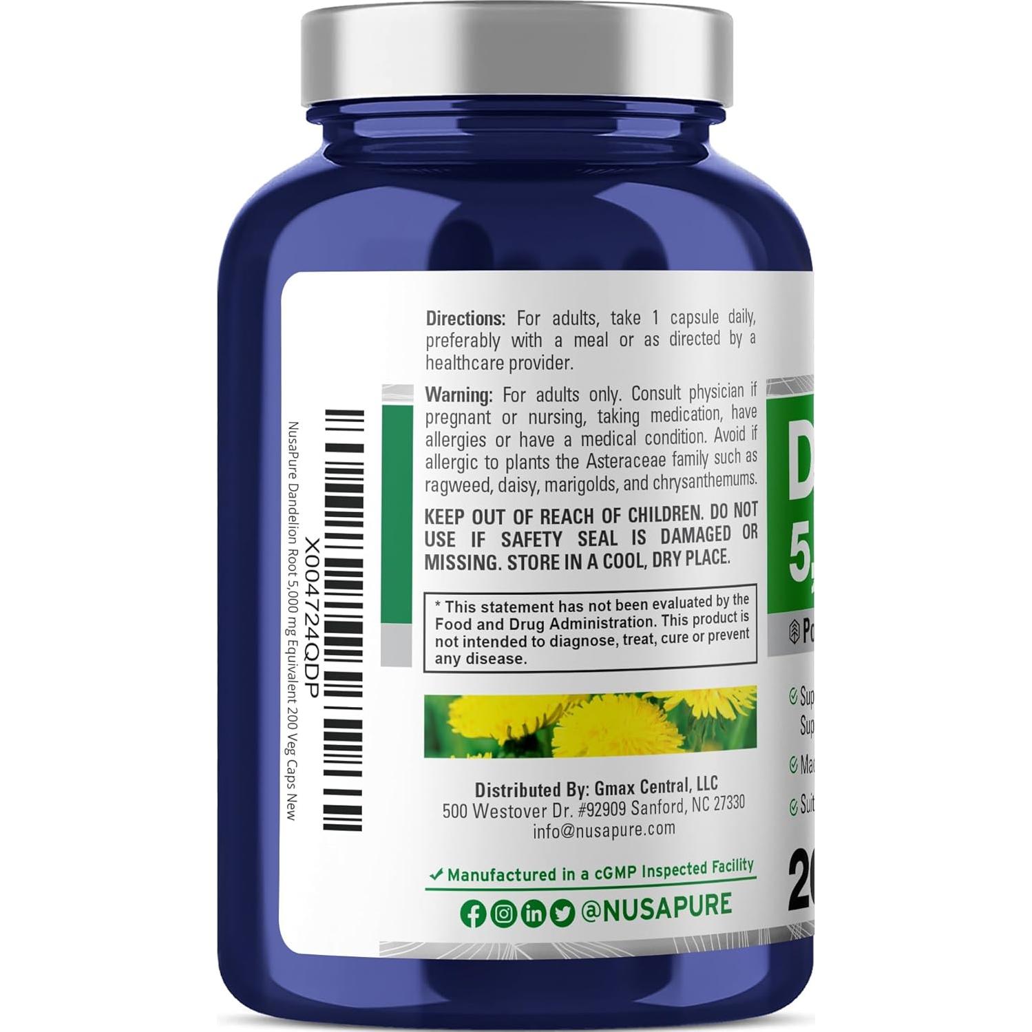 Extracto de raíz de diente de león NusaPure 20:1 250 mg 200 cápsulas