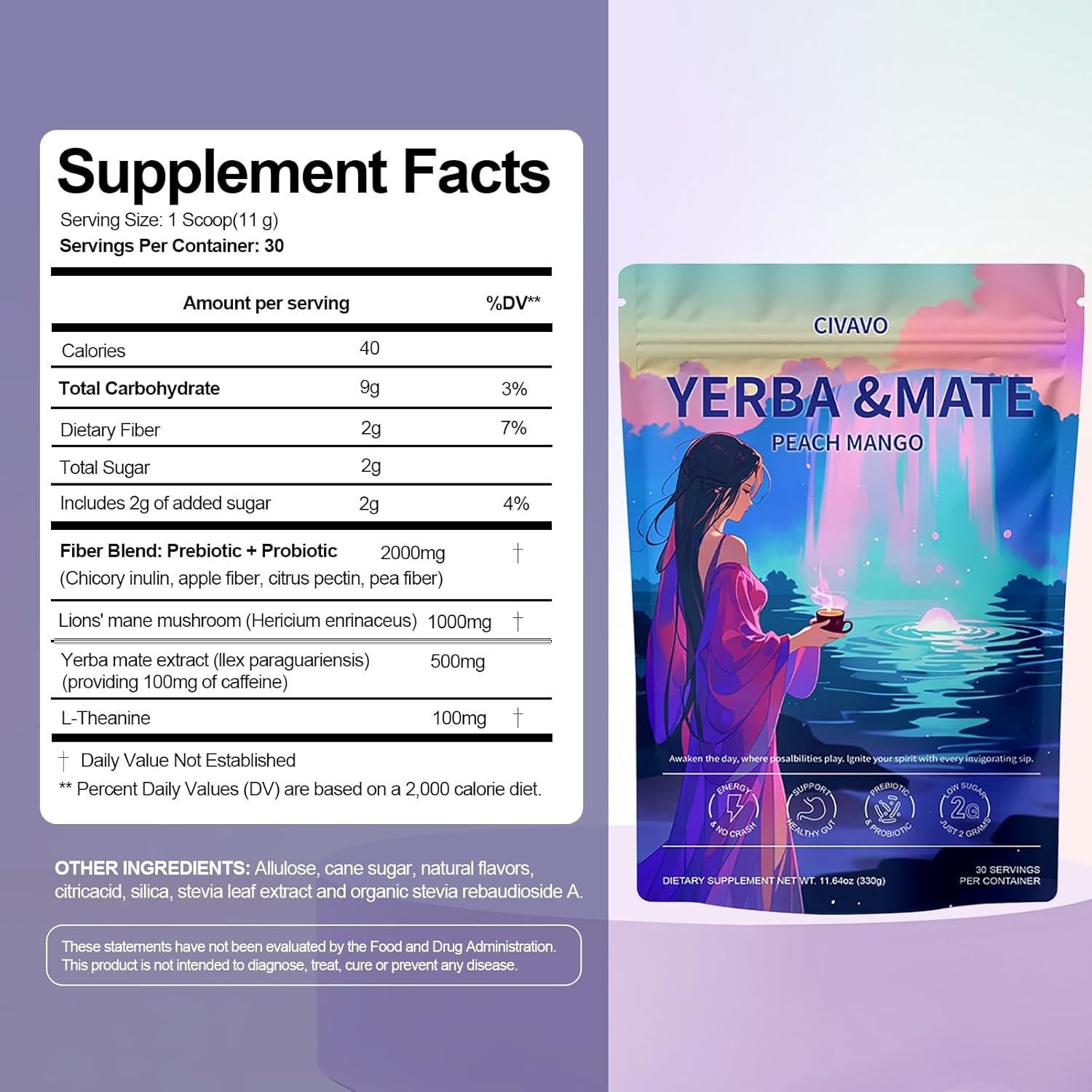 Yerba Mate en Polvo CIVAVO Sabor Durazno Mango 330g