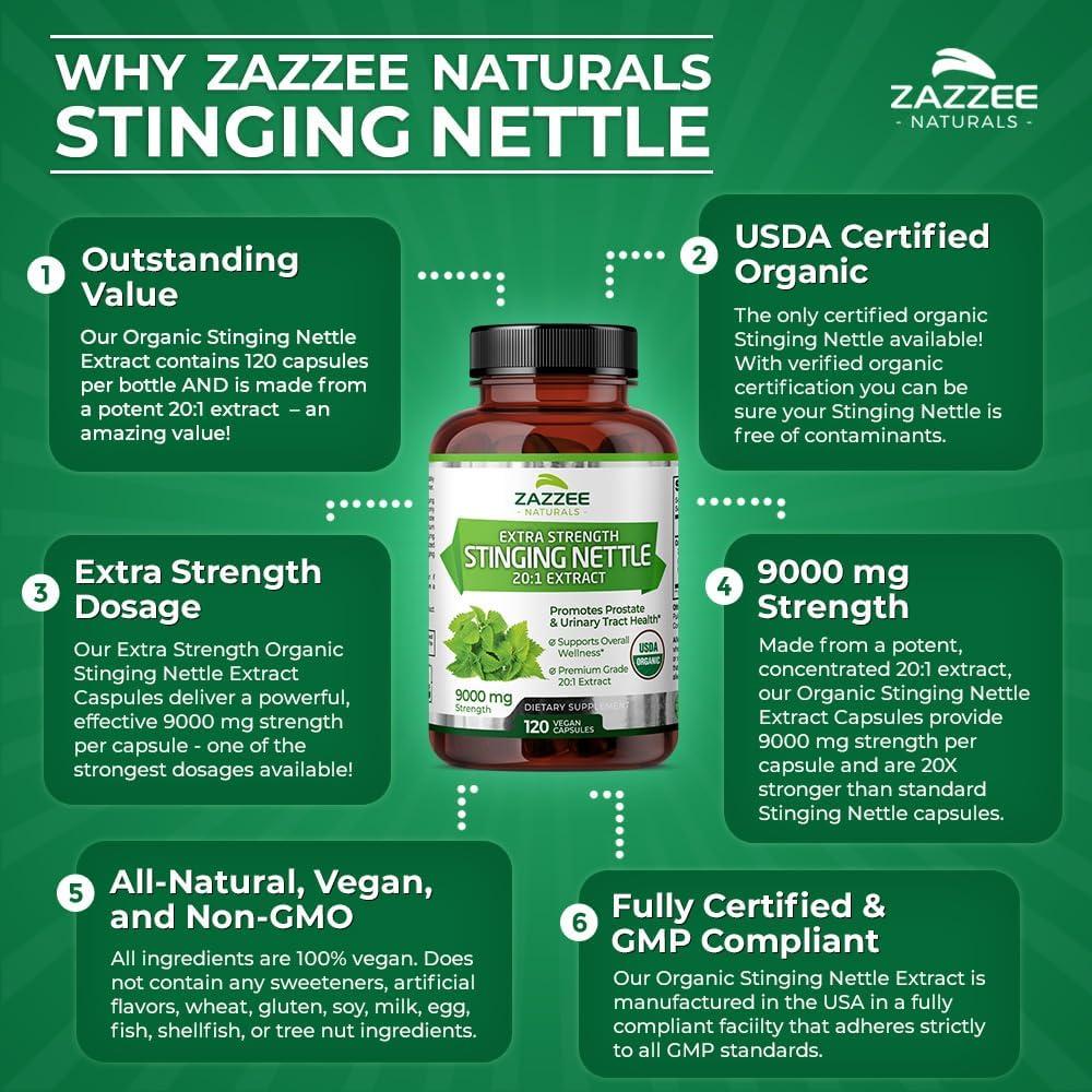 Zazzee Extracto de Ortiga Punzante Orgánico 9000 mg 120 Cápsulas