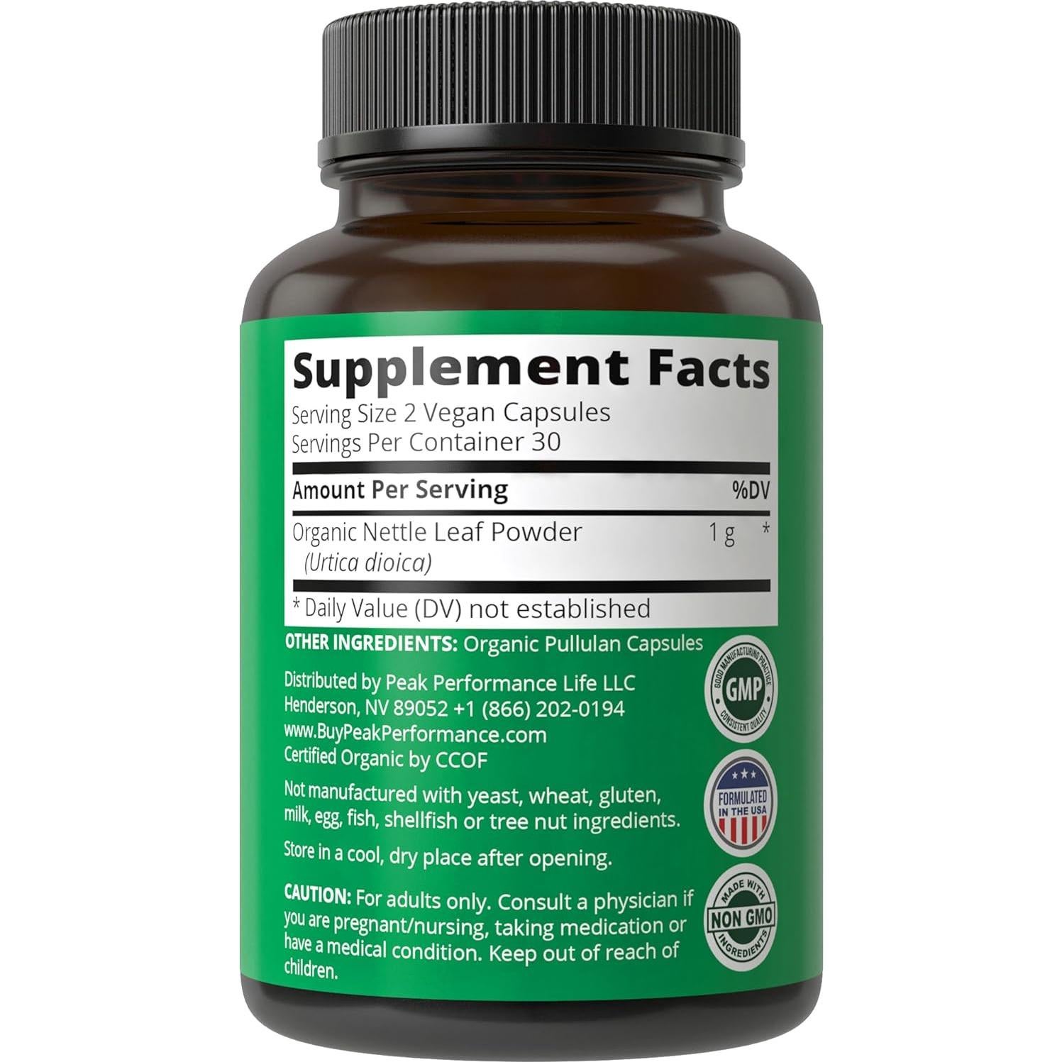 Cápsulas Veganas de Ortiga Orgánica Peak Performance 60 Píldoras