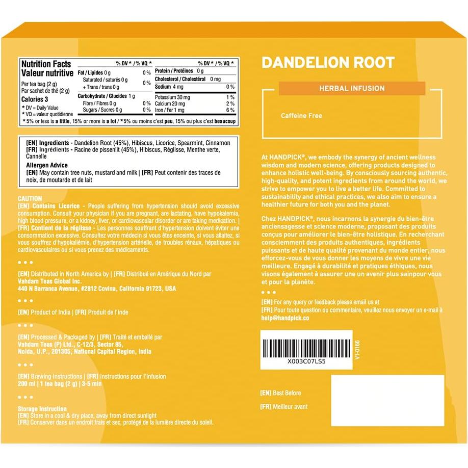 Té de Diente de León Handpick - 100 Bolsas Ecológicas Sin Cafeína