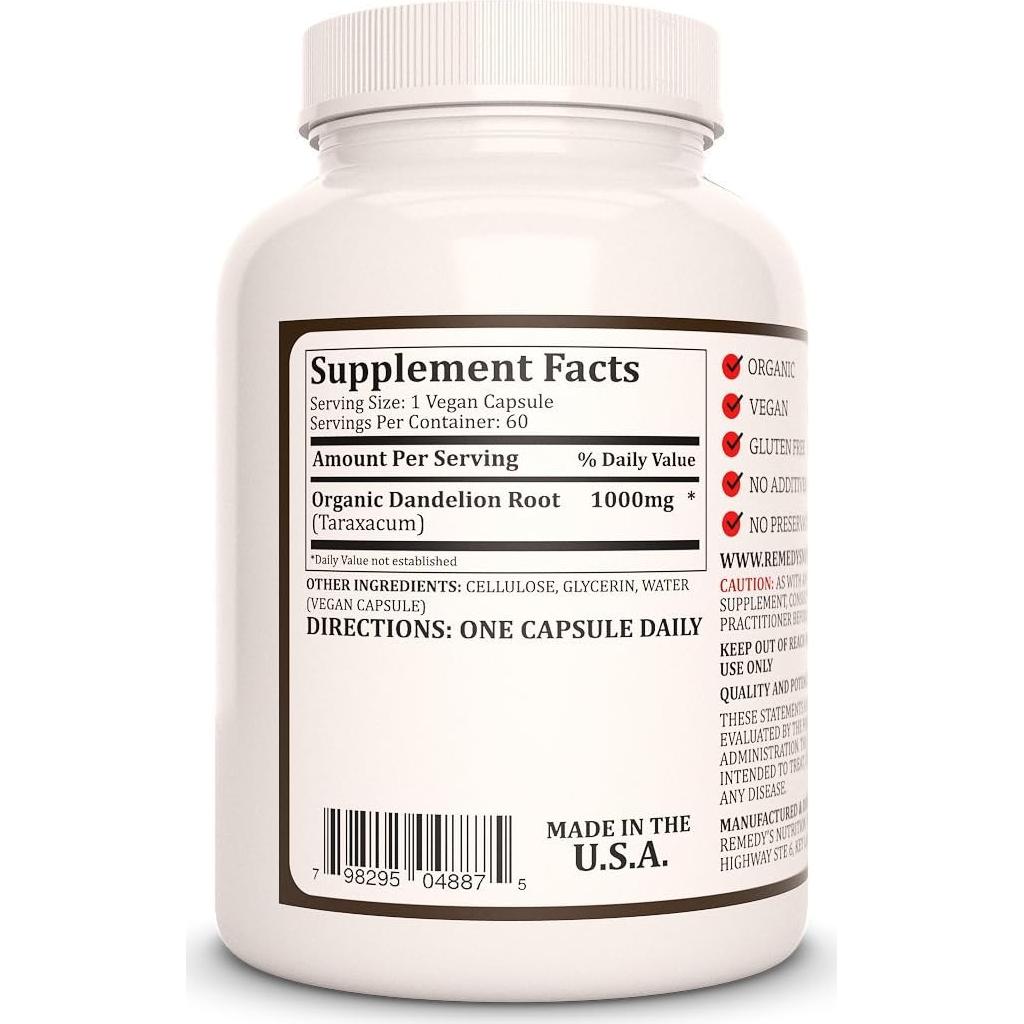 Raíz de Diente de León Remedy's Nutrition 1000mg 60 Cápsulas Veganas