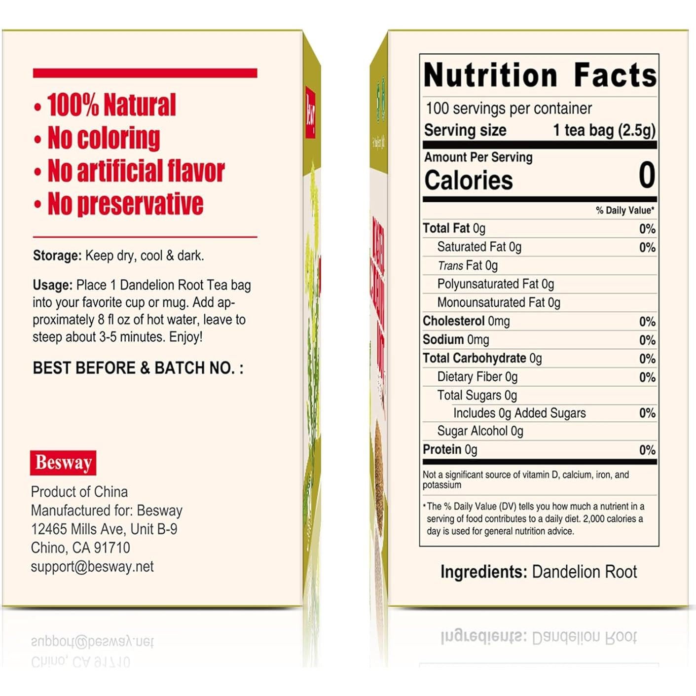 Bolsa de Té Herbal Besway Raíz de Diente de León 100 Cuentas 2.5g