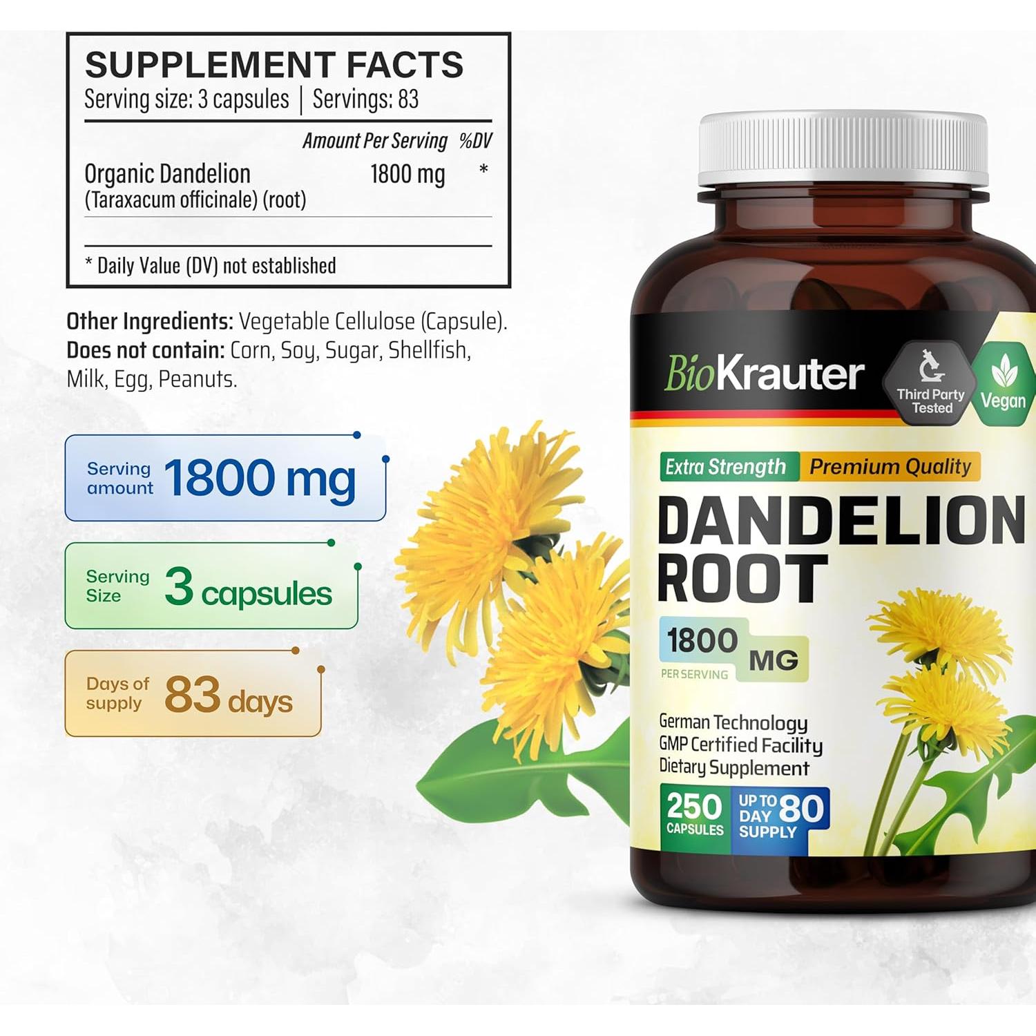 Suplemento Hepático BioKrauter: Diente de León 250 Cápsulas + 118 ml Tintura