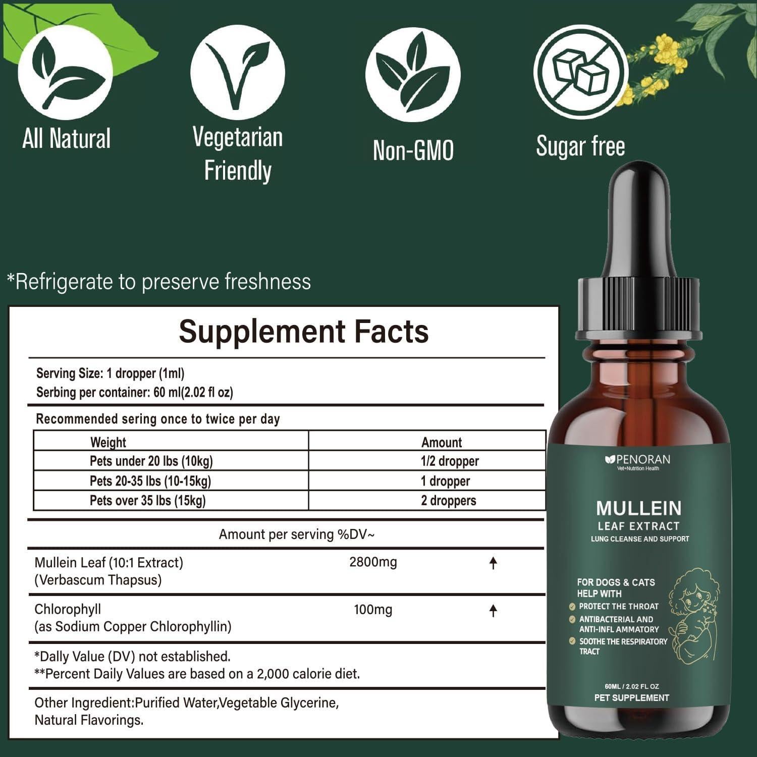 Extracto de hoja de Mullein Penoran 60ml - Soporte respiratorio para mascotas