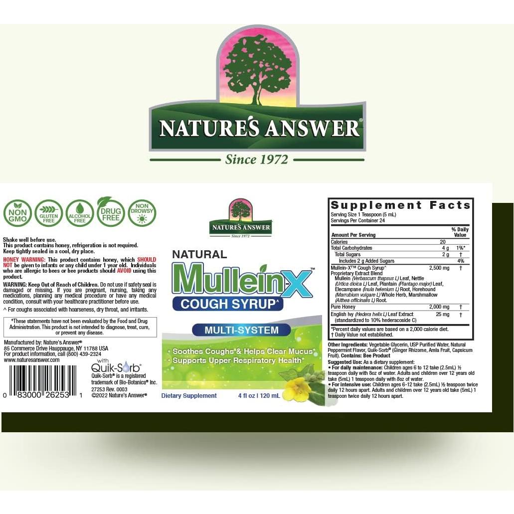 Jarabe para la tos Mullein-X Nature's Answer 120 ml | Alivia moco y garganta