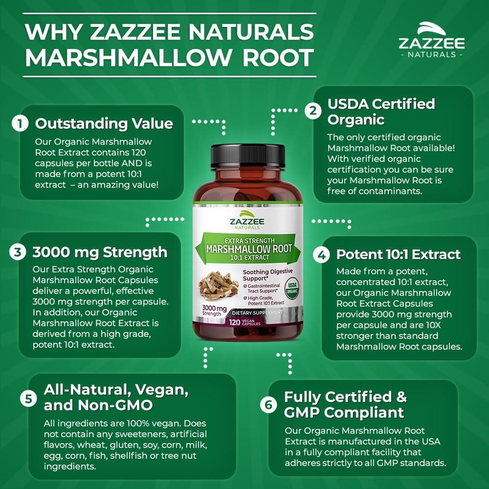 Zazzee Raíz de Malvavisco Orgánica 3000 mg 120 Cápsulas Veganas