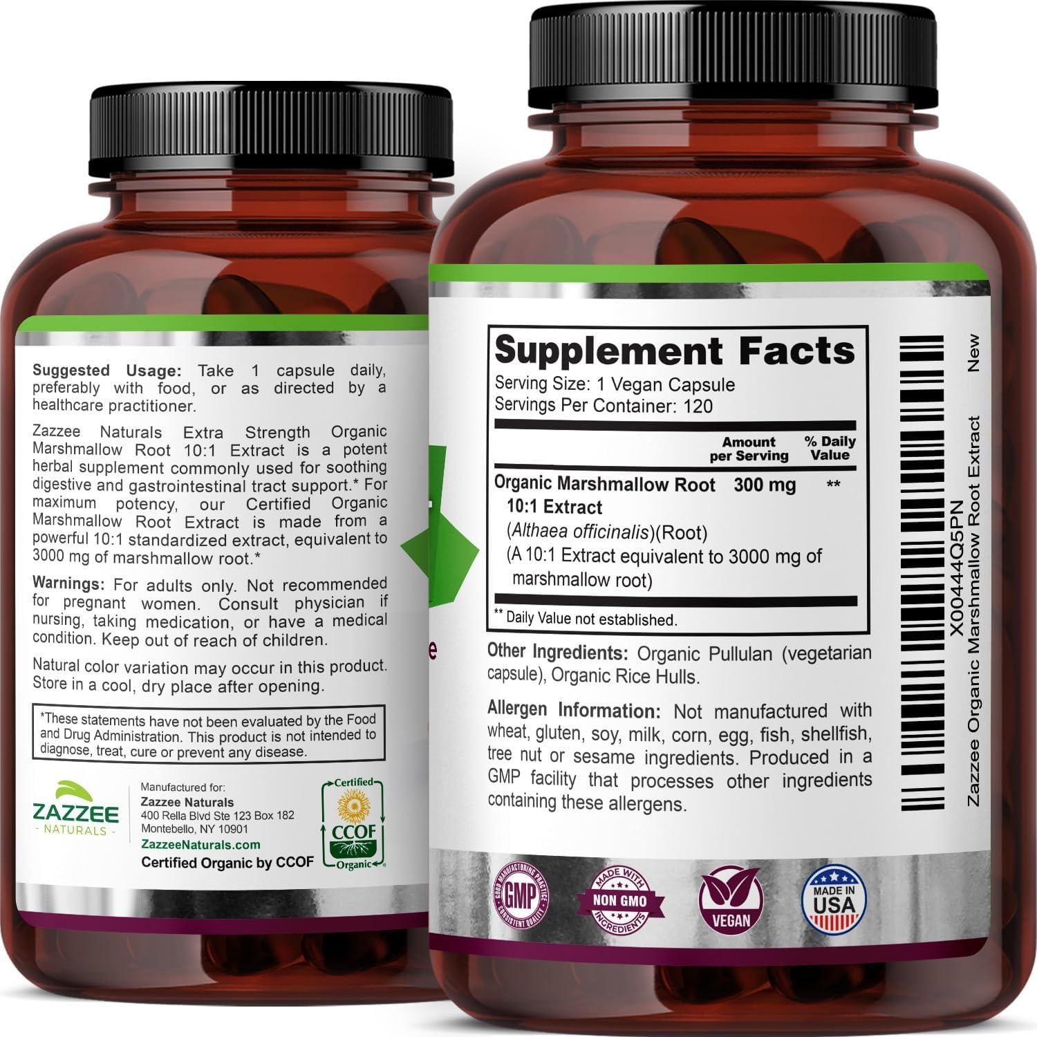 Zazzee Raíz de Malvavisco Orgánica 3000 mg 120 Cápsulas Veganas