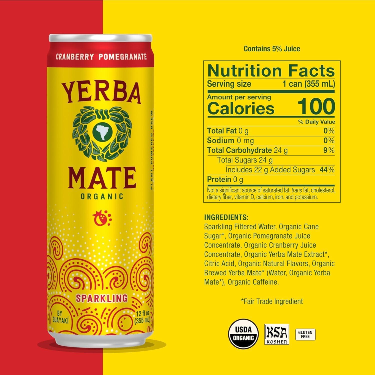 Guayakí Yerba Mate, Sparkling Energy Drink Alternative, Organic Cranberry Pomegranate Flavor, 12 Oz, 80mg Natural Caffeine, Smooth Energy & Focus, Carbonated Beverage