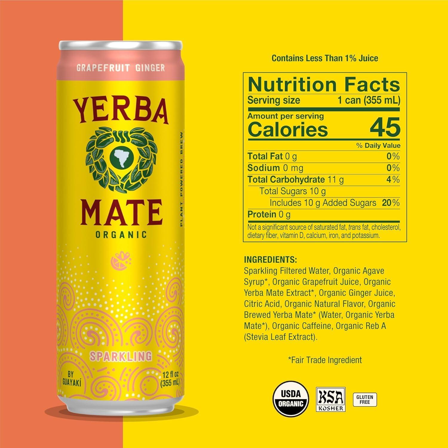 Guayakí Yerba Mate, Sparkling Energy Drink Alternative, Organic Grapefruit Ginger Flavor, 12 Oz, 80mg Natural Caffeine, Smooth Energy & Focus