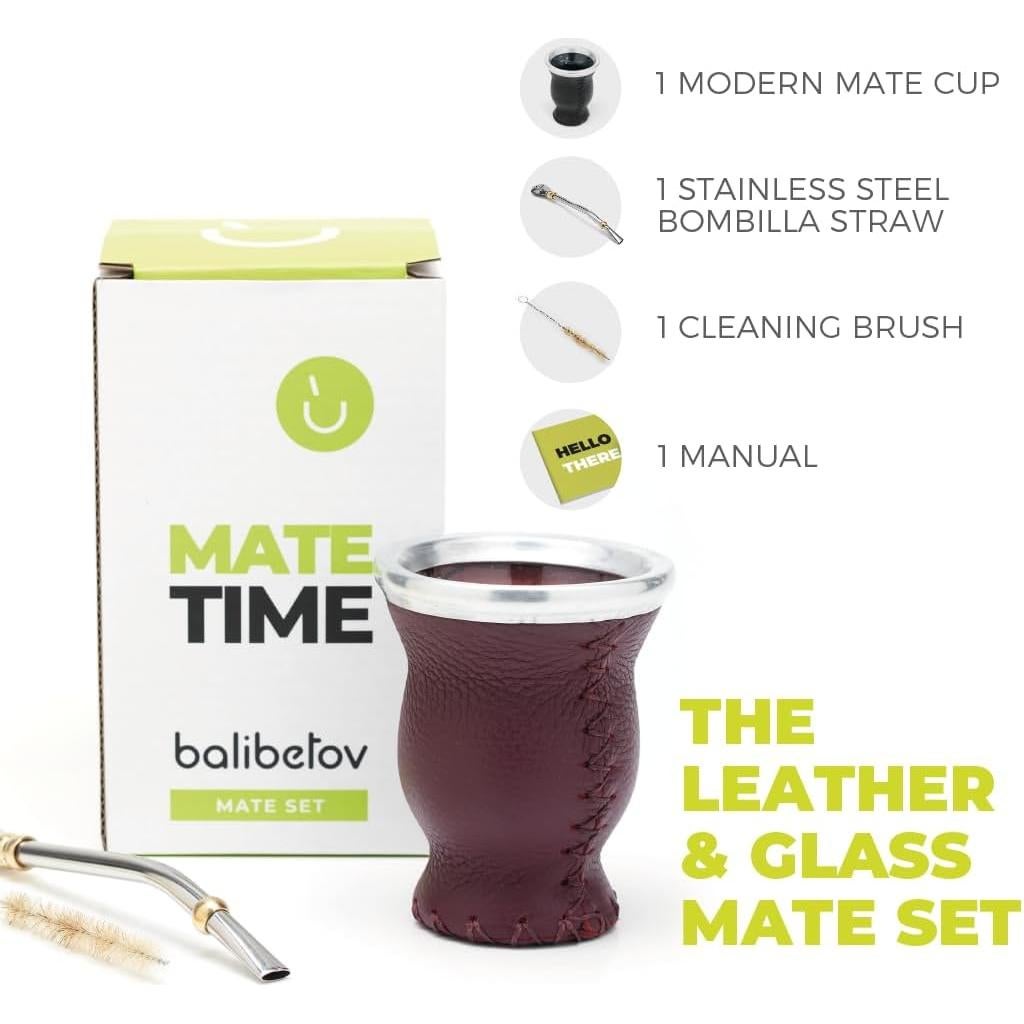 Conjunto de Gourd de Yerba Mate BALIBETOV de Vidrio y Cuero