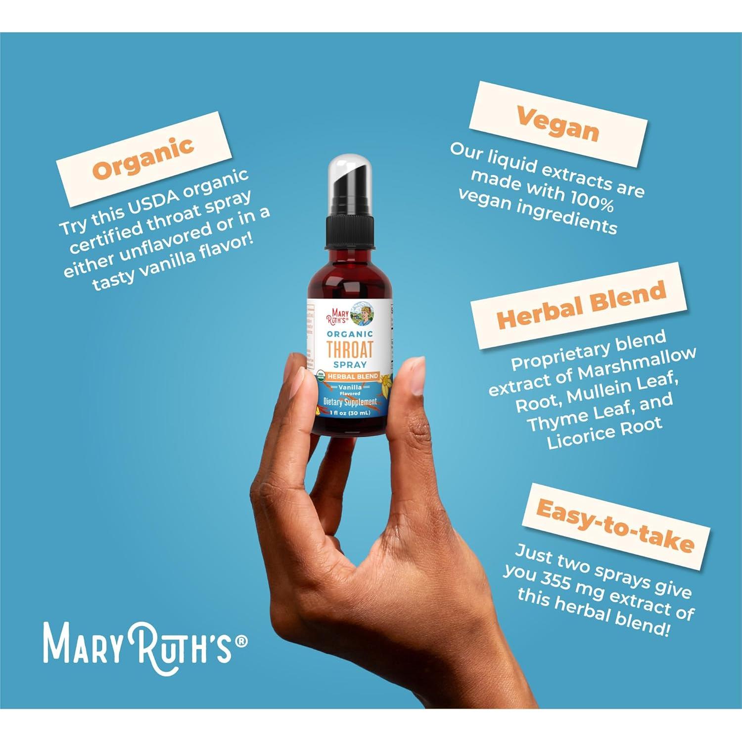 Spray de Garganta Orgánico MaryRuth 30 ml | Vainilla | Vegano