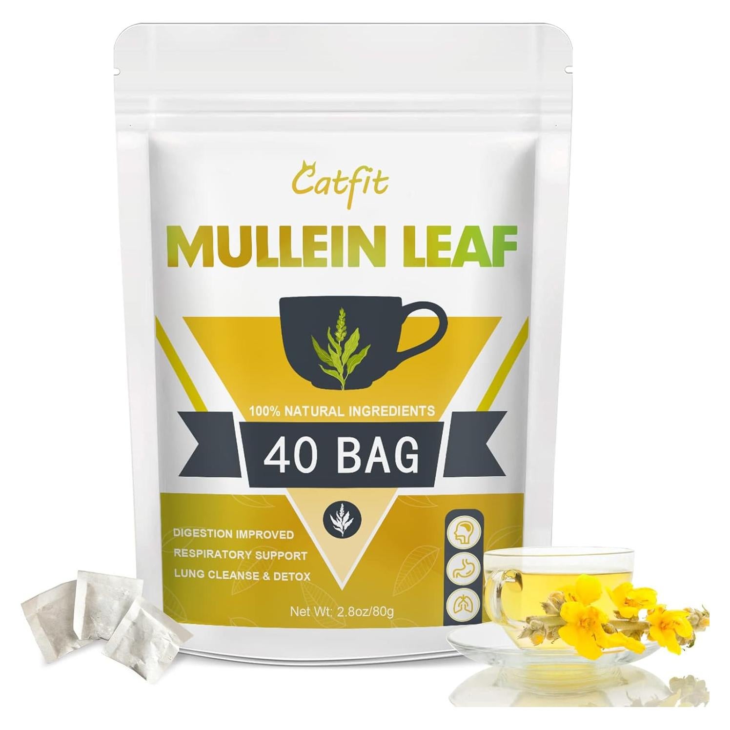 Té de hoja de Mullein Catfit - 40 bolsas, sin cafeína, No OGM