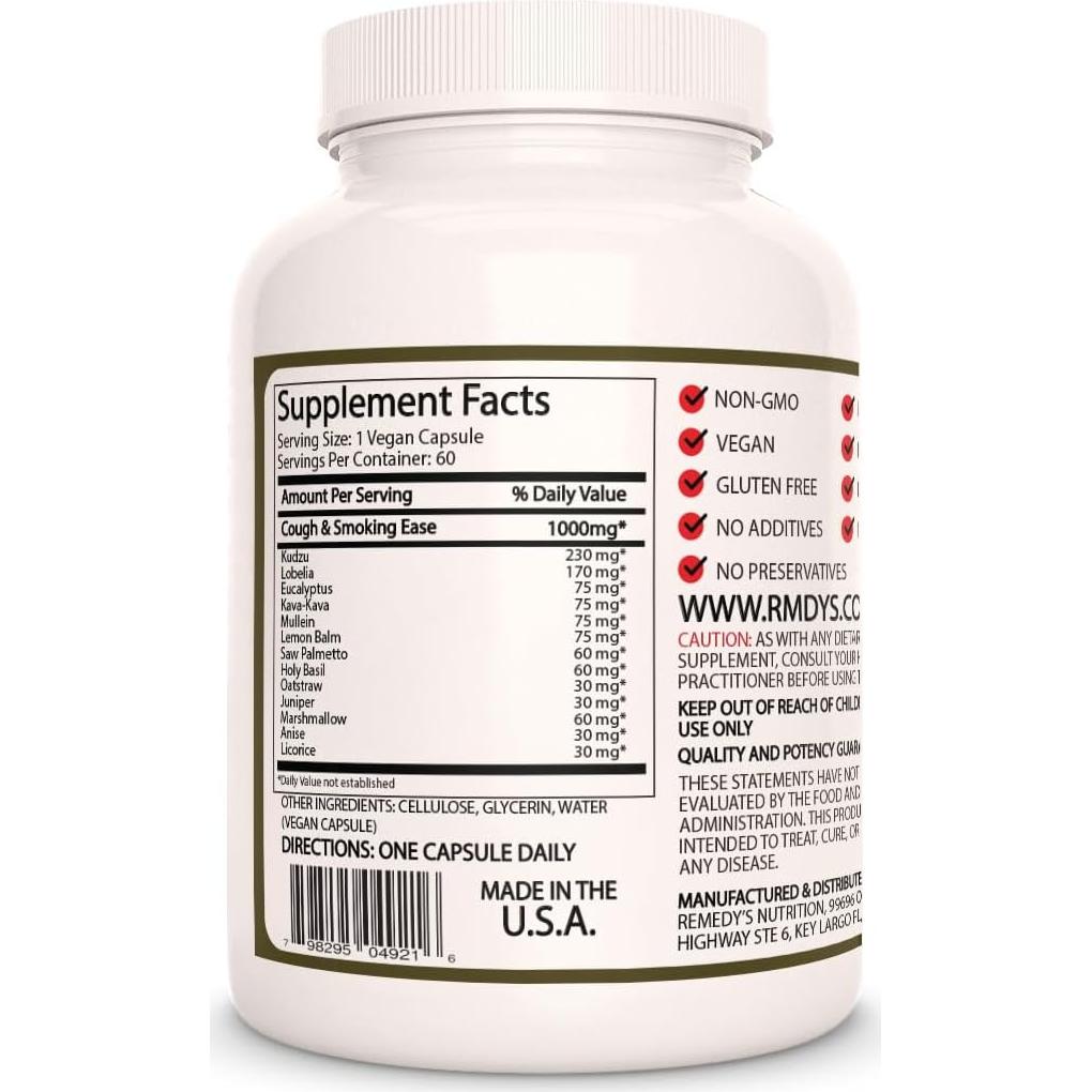 Suplemento Herbal para la Tos Remedy's Nutrition 1000 mg 60 Cápsulas
