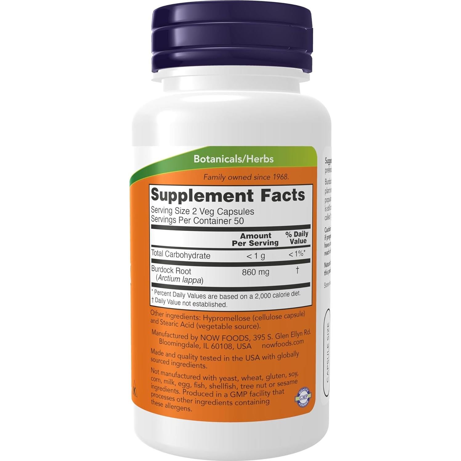 Suplemento Herbal Raíz de Bardana NOW 430 mg 100 Cápsulas Veganas