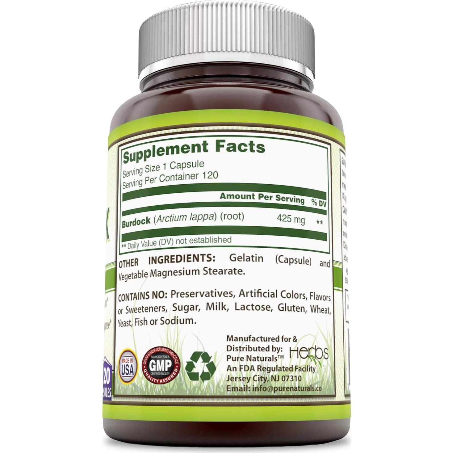 Suplemento Raíz de Bardana Pure Naturals 425mg 120 cápsulas