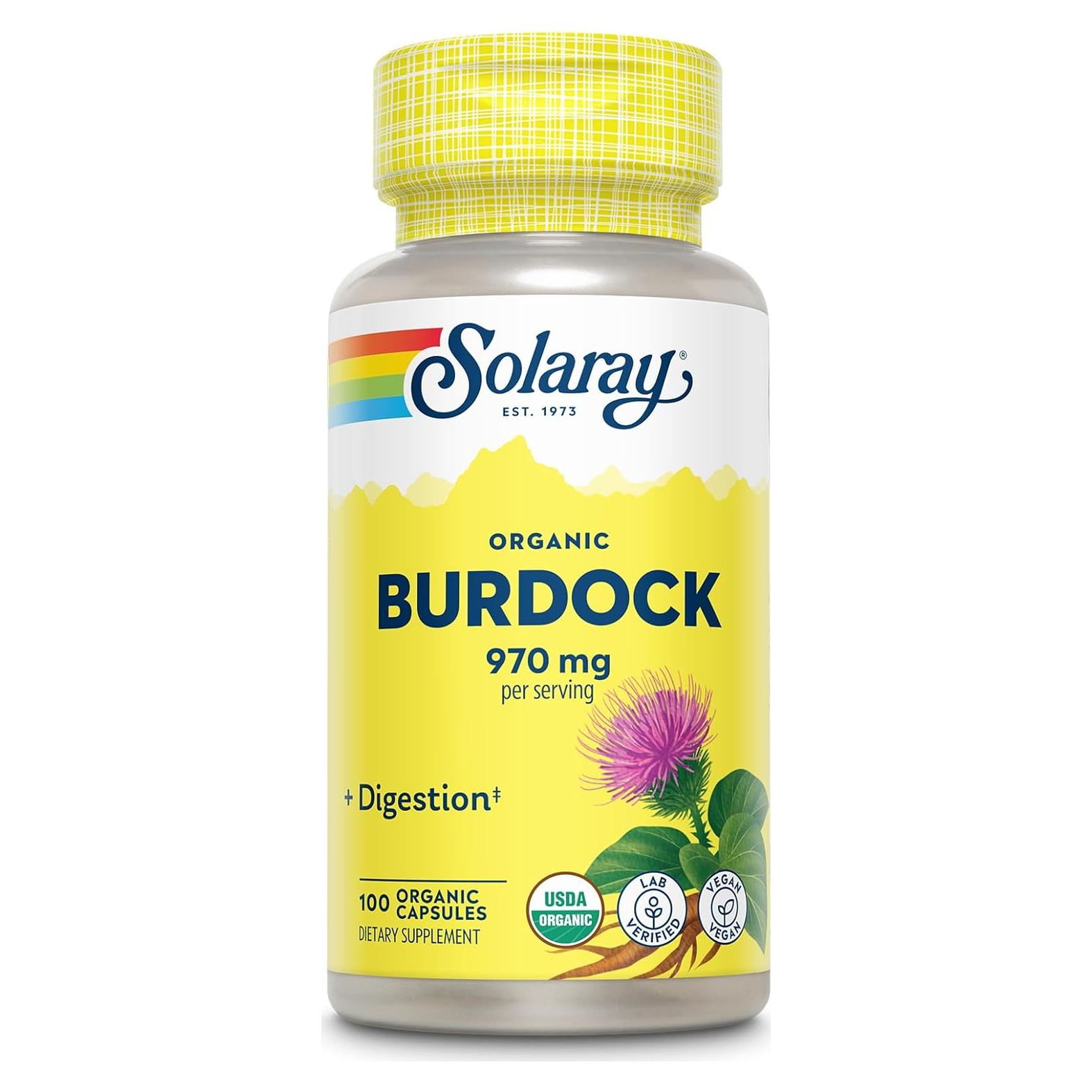 Suplemento Orgánico Raíz de Bardana Solaray 970 mg - 100 Cápsulas