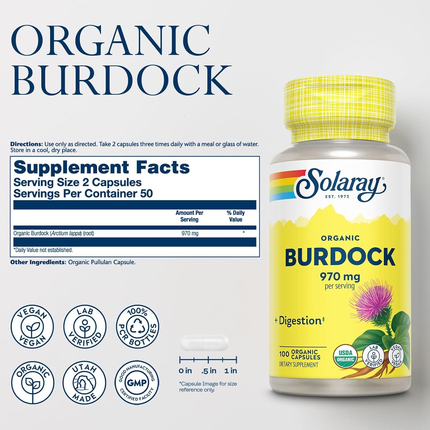 Suplemento Orgánico Raíz de Bardana Solaray 970 mg - 100 Cápsulas
