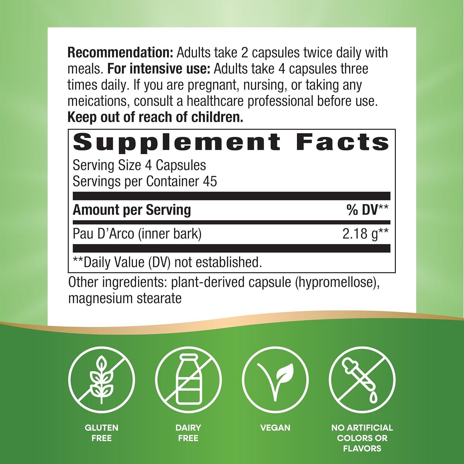 Pau d'Arco Nature's Way 180 Cápsulas 2180 mg Sin OGM