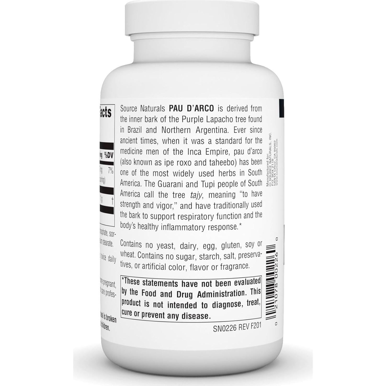 Suplemento Dietético Pau D'Arco Source Naturals 250 Tabletas