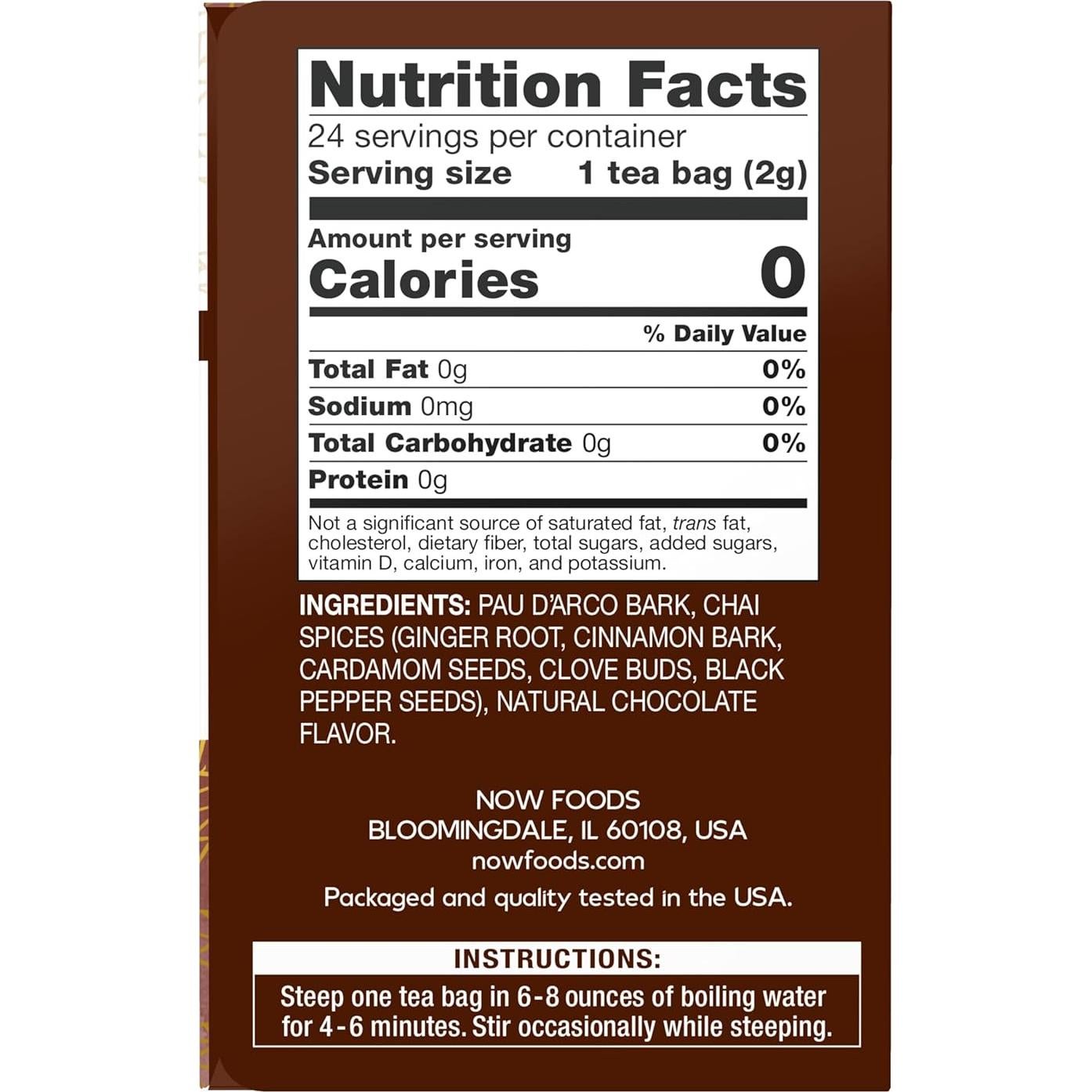 Té Pau D'Arco NOW Foods 24 Bolsitas Sin Cafeína 48g