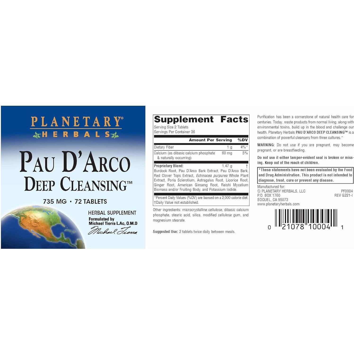 Suplemento Herbal Planetary Herbals Pau D'Arco 735 mg - 72 Tabletas