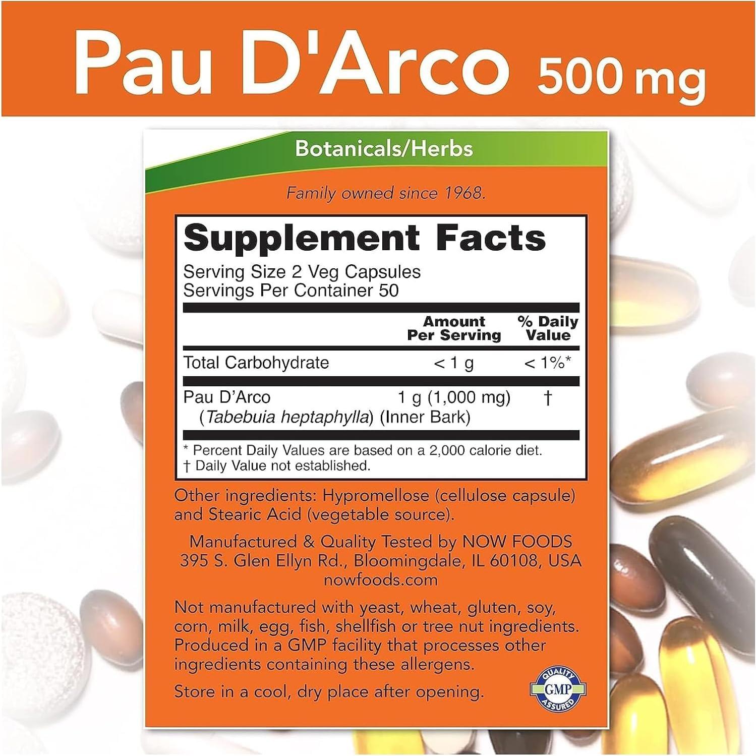 Suplemento Pau D'Arco 500mg Now Foods 100 Cápsulas