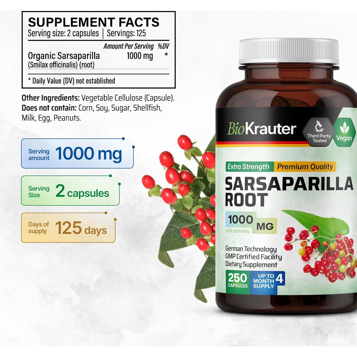 Cápsulas de raíz de zarzaparrilla BioKrauter 1000mg - 250 unidades