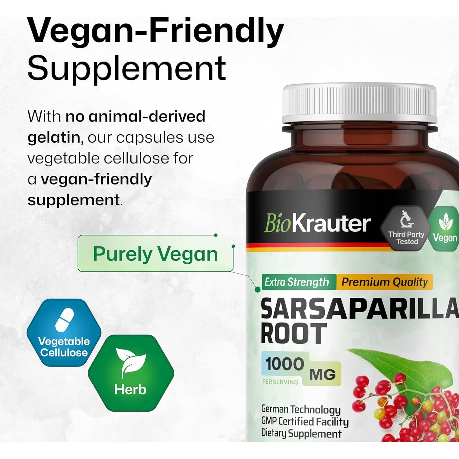 Cápsulas de raíz de zarzaparrilla BioKrauter 1000mg - 250 unidades