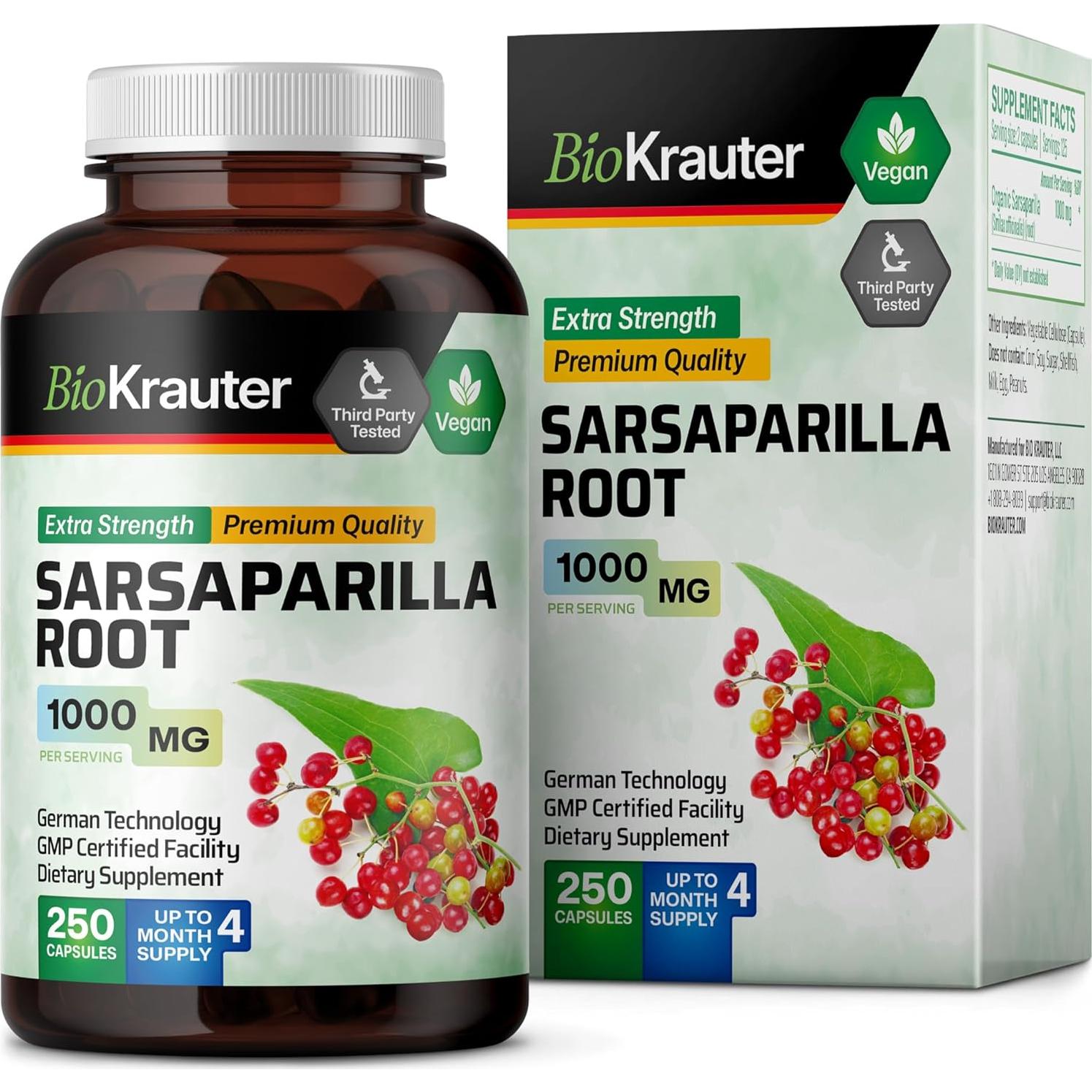 Cápsulas de raíz de zarzaparrilla BioKrauter 1000mg - 250 unidades