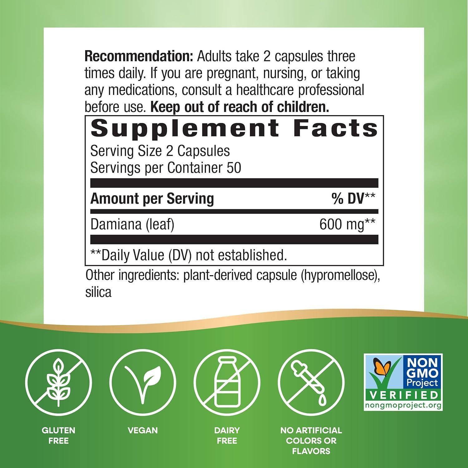 Damiana Nature's Way 100 Cápsulas 600 mg Apoyo Libido