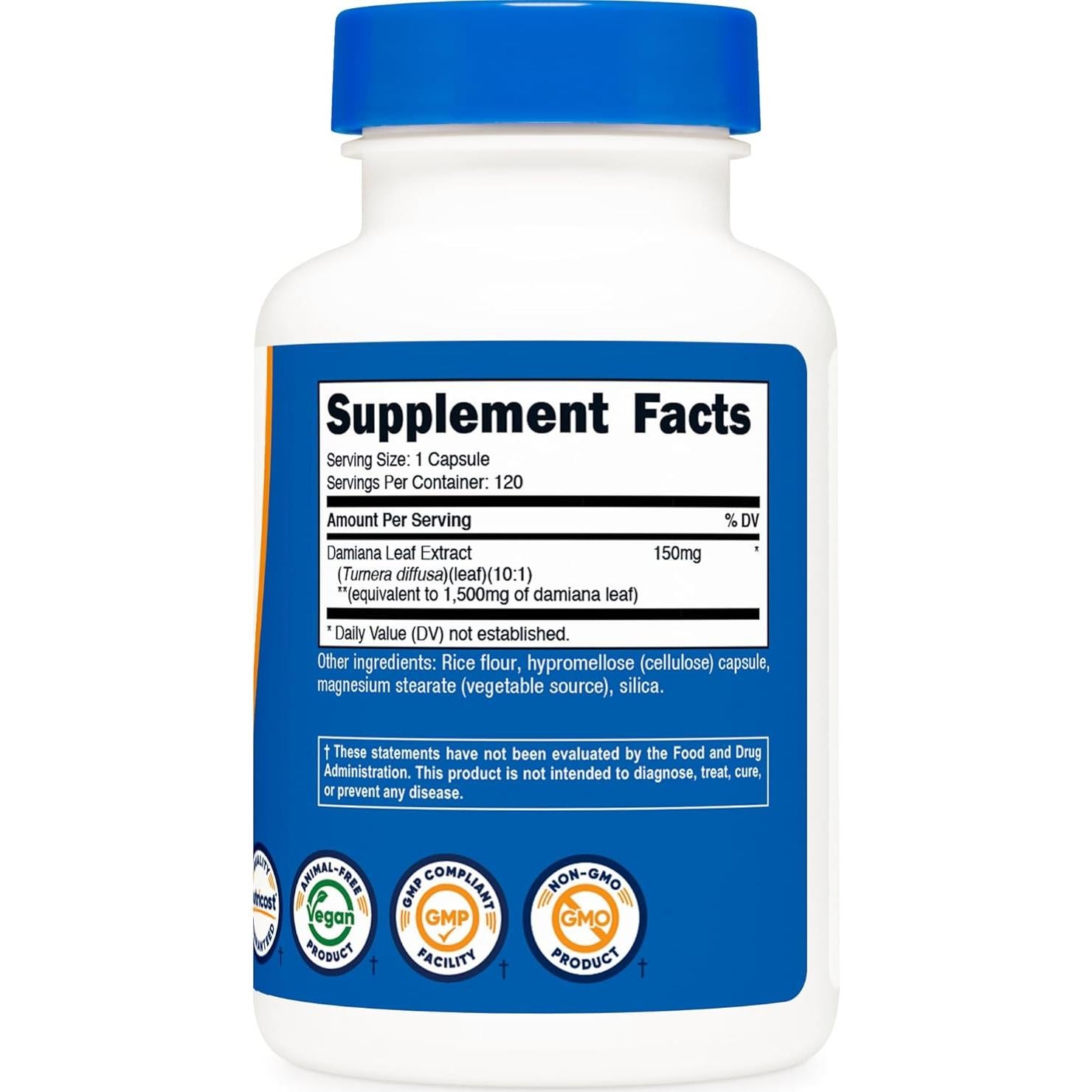 Cápsulas de Hoja de Damiana Nutricost 1500 mg - 120 Unidades Veganas