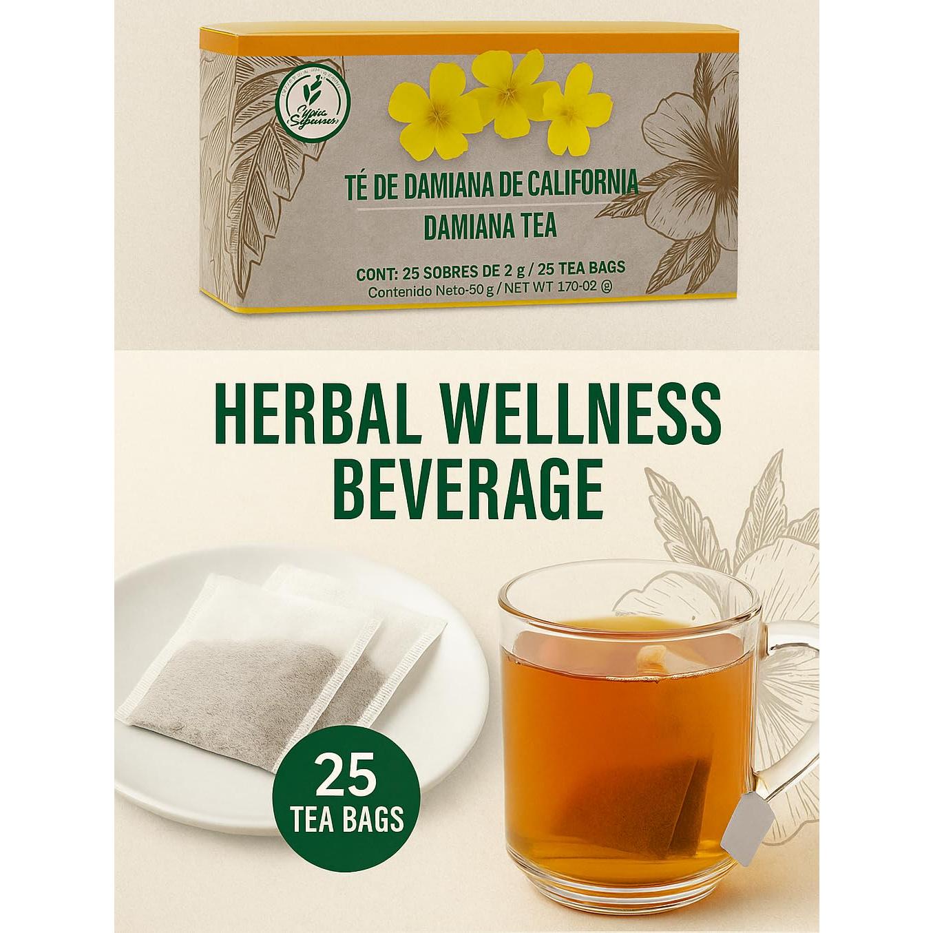 Té de Damiana 100% Natural - 25 Bolsitas Sin Cafeína - Hecho en México