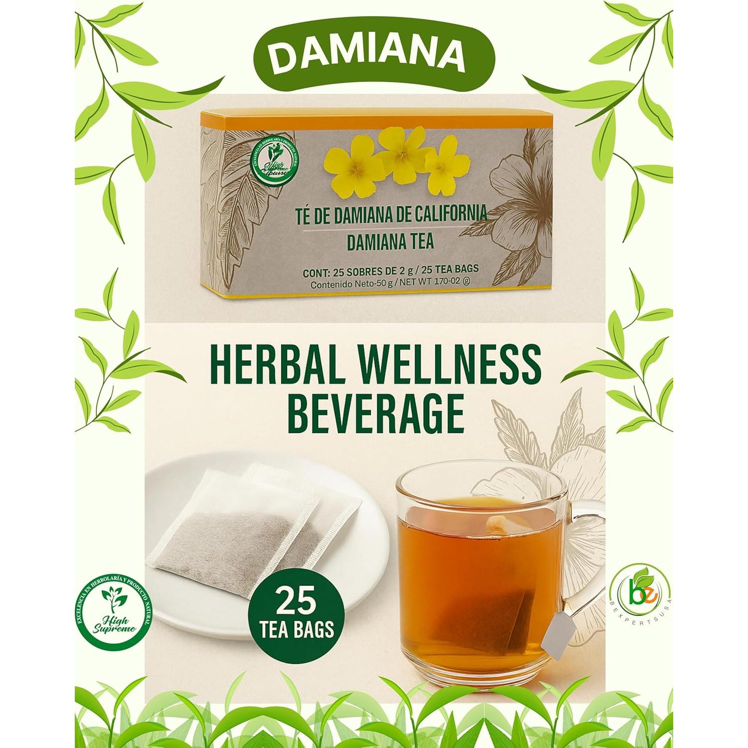 Té de Damiana 100% Natural - 25 Bolsitas Sin Cafeína - Hecho en México