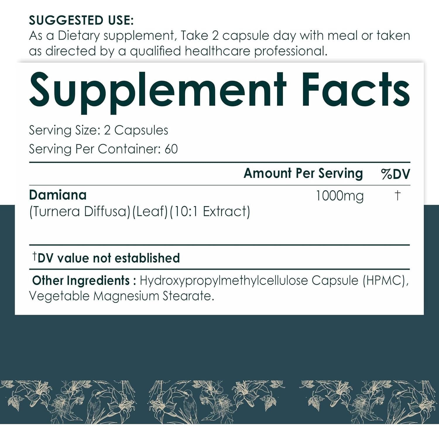 Extracto de Hoja de Damiana 1000mg - 120 Cápsulas EBO