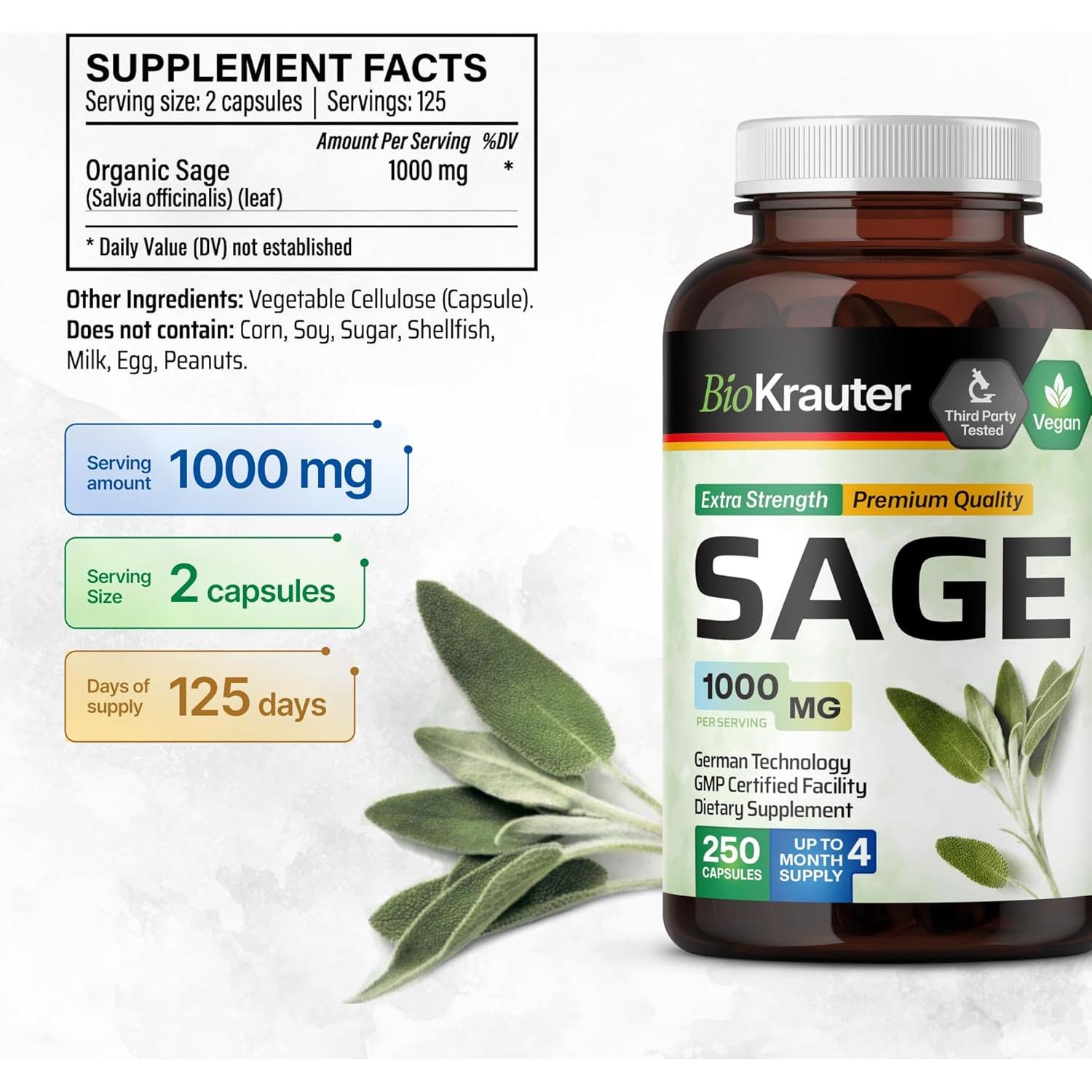 Cápsulas Veganas de Salvia BIO KRAUTER 1000 mg - 250 Unidades