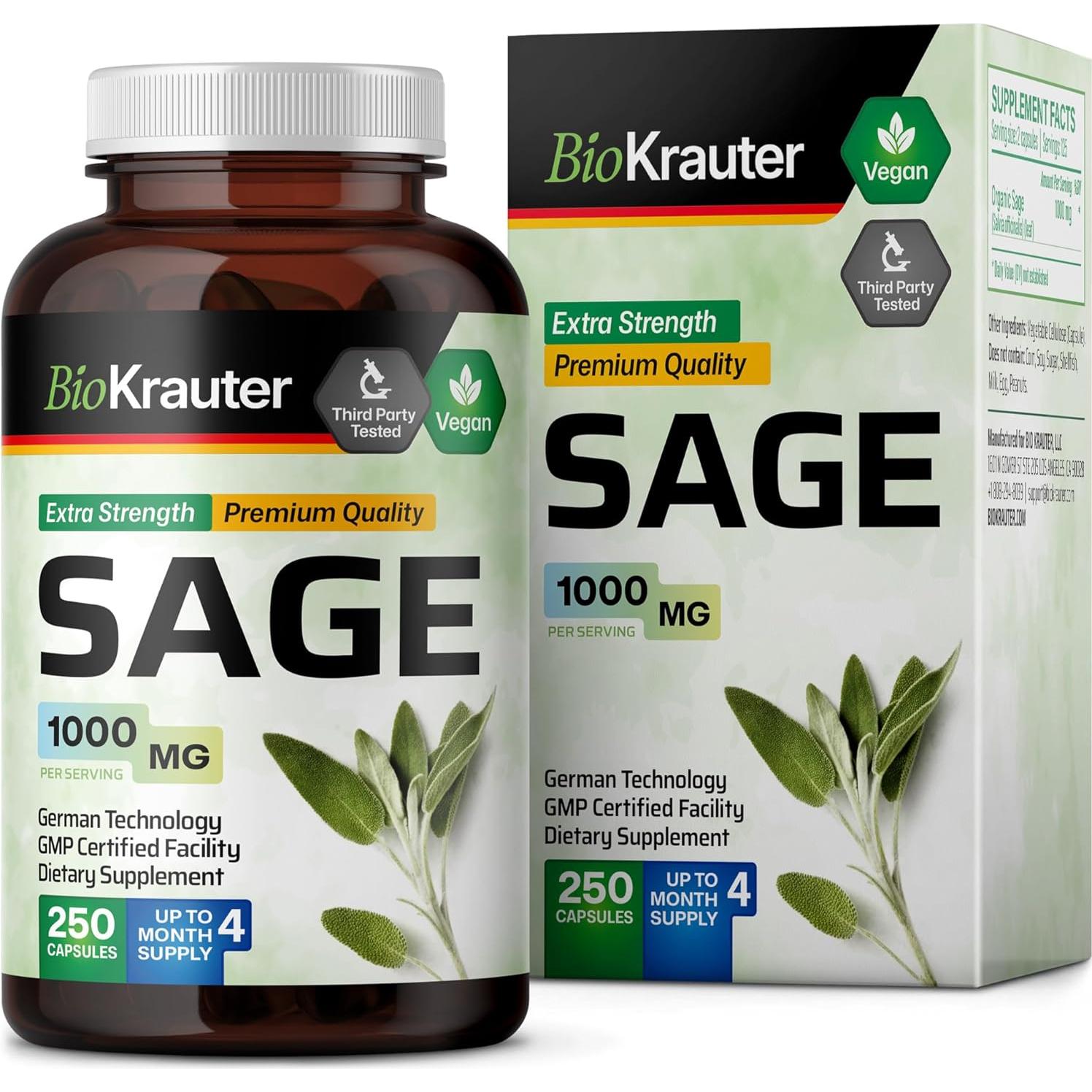 Cápsulas Veganas de Salvia BIO KRAUTER 1000 mg - 250 Unidades