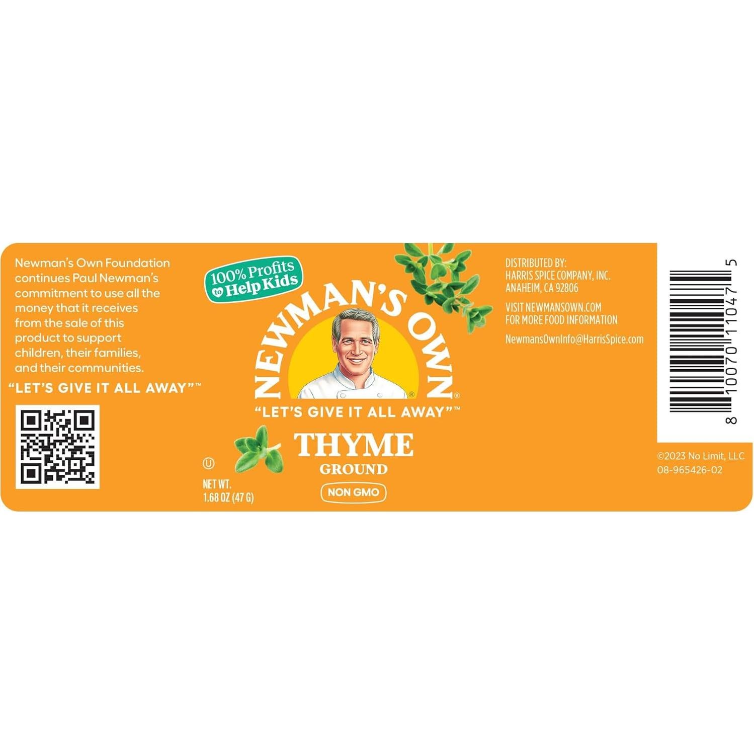 Newman's Own Ground Thyme, Essential for Roasted Meats, Poultry, Vegetables, Non-GMO, Kosher, 1.68 Oz. Bottle