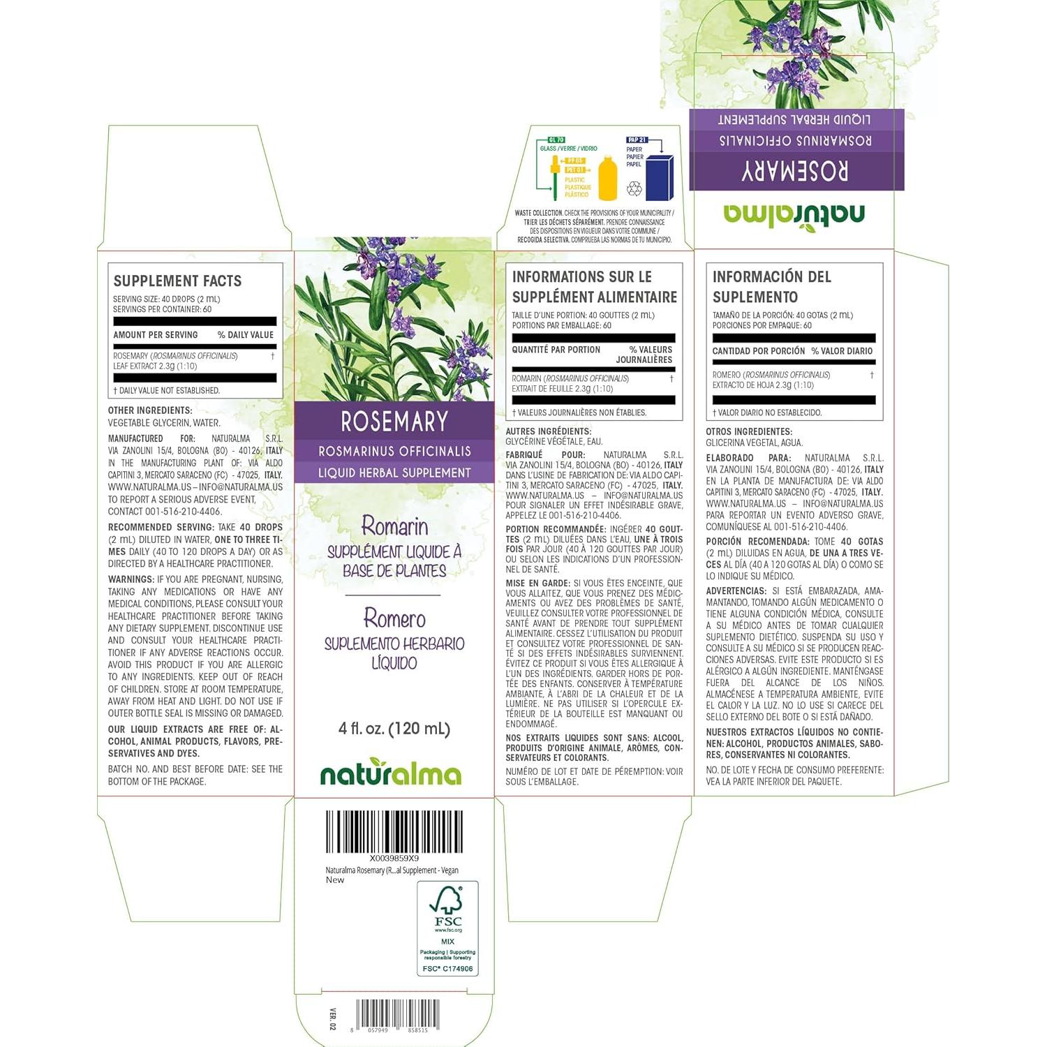 Tinte de hoja de romero Naturalma 118.29 ml - Suplemento herbal vegano