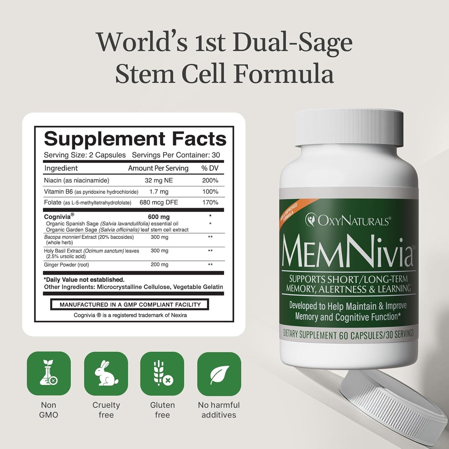 Suplemento Cerebral MemNivia OxyNaturals 300 Cápsulas