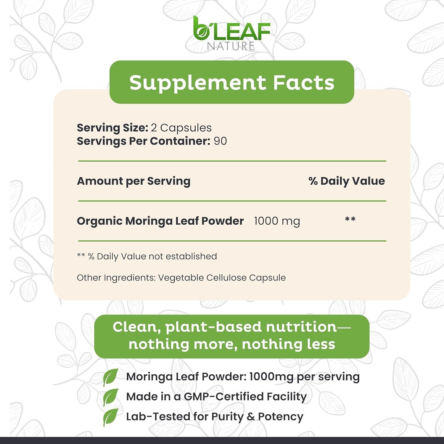 Cápsulas de Moringa Orgánica B'LEAF NATURE 1000mg 180 Unidades