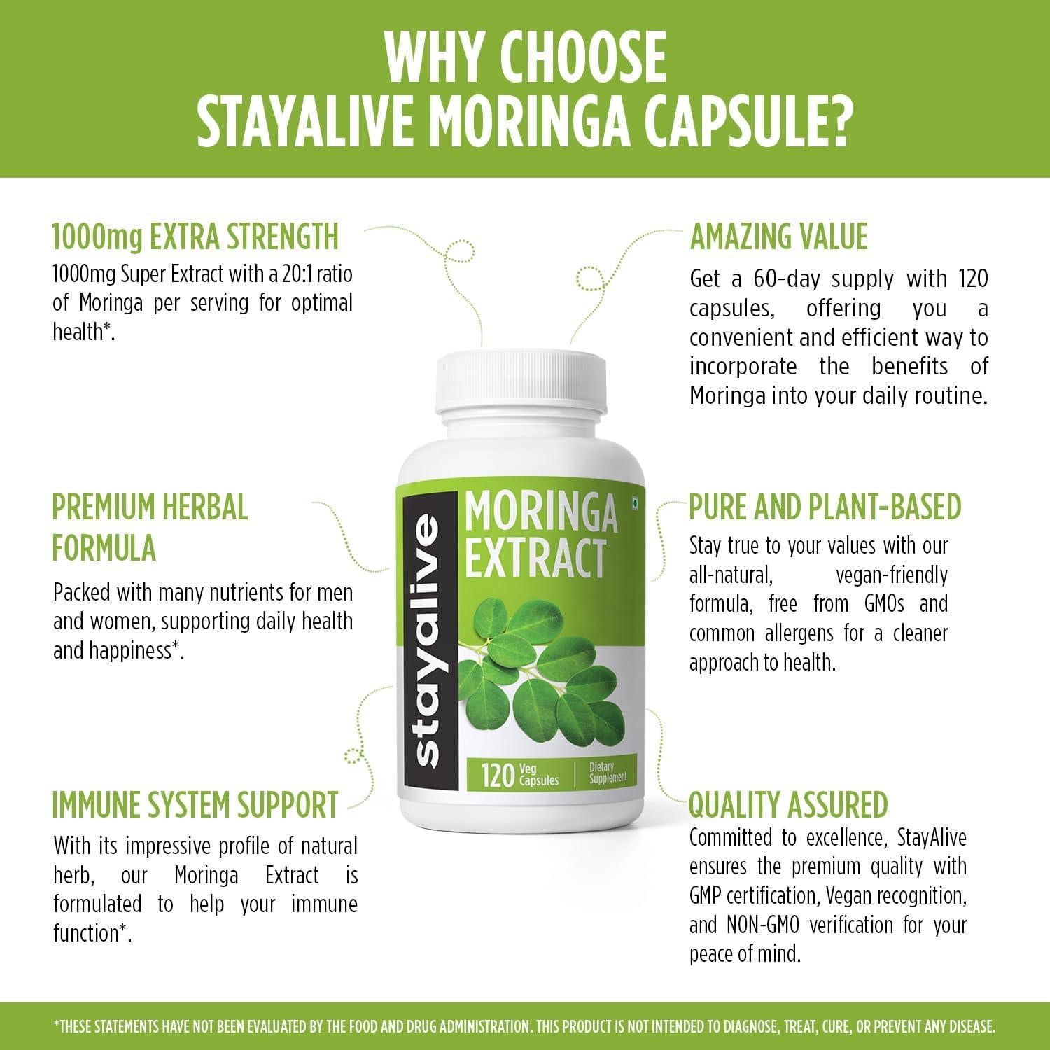 Cápsulas de Moringa Stay Alive 1000mg 120 Pastillas Veganas