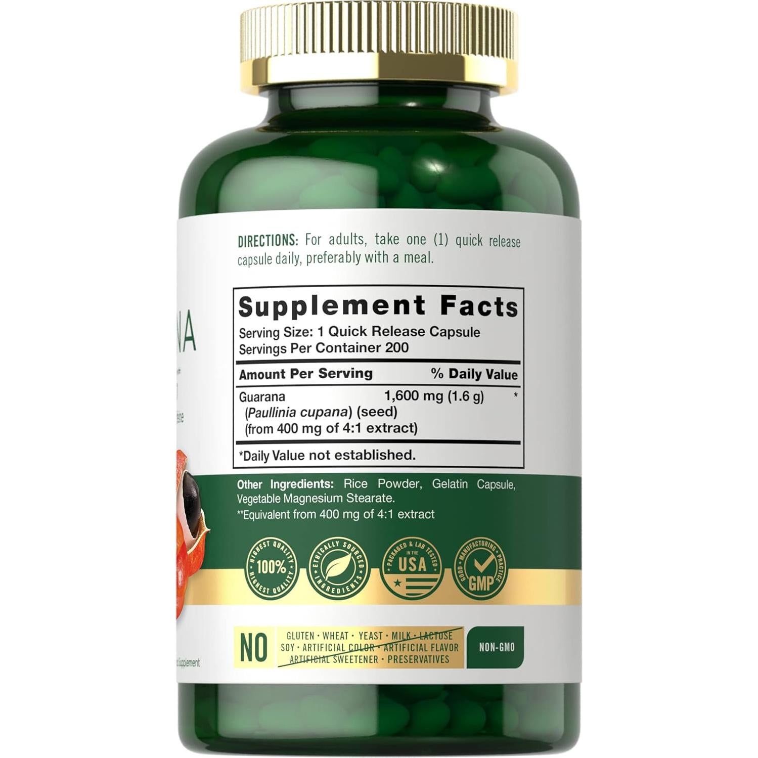 Cápsulas de Guaraná Carlyle 1600mg - 200 Unidades - Suplemento Natural