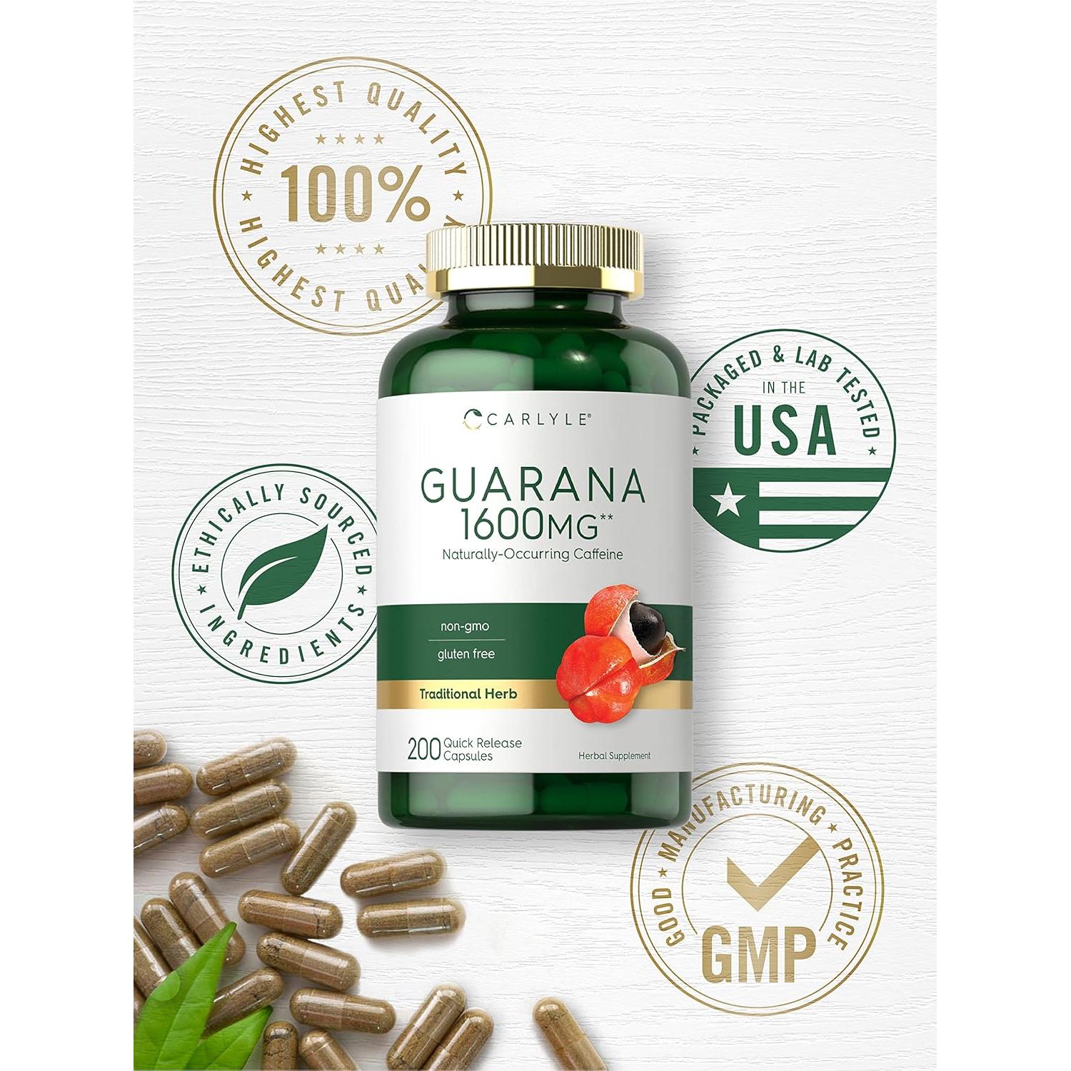 Cápsulas de Guaraná Carlyle 1600mg - 200 Unidades - Suplemento Natural