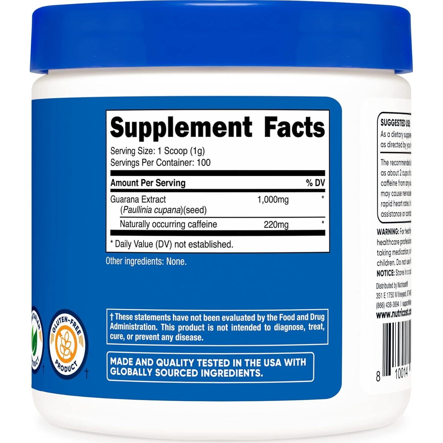 Nutricost Extracto de Guaraná en Polvo 100g - Suplemento Energizante