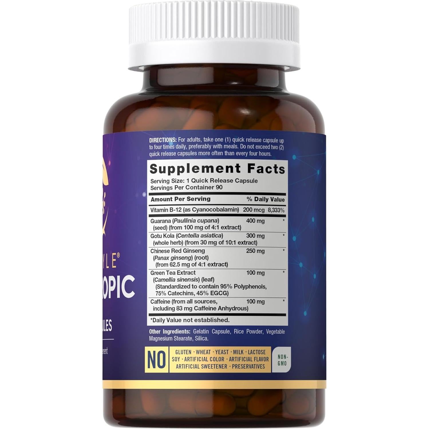 Suplemento Nootrópico Carlyle 90 Cápsulas B12 Guaraná Sin Gluten